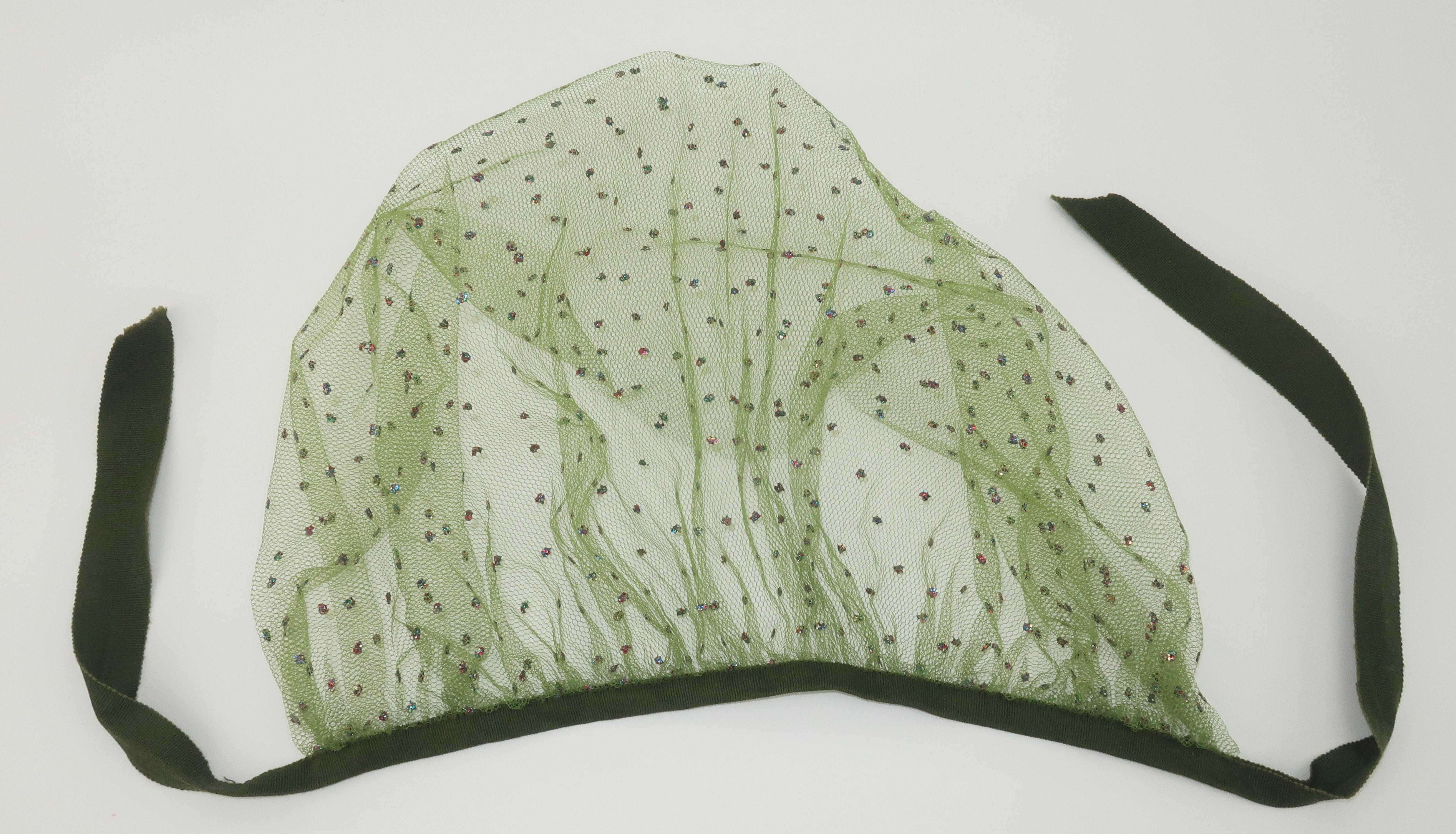 Women's Green Net Head Scarf With Multi Color Glitter, 1950's