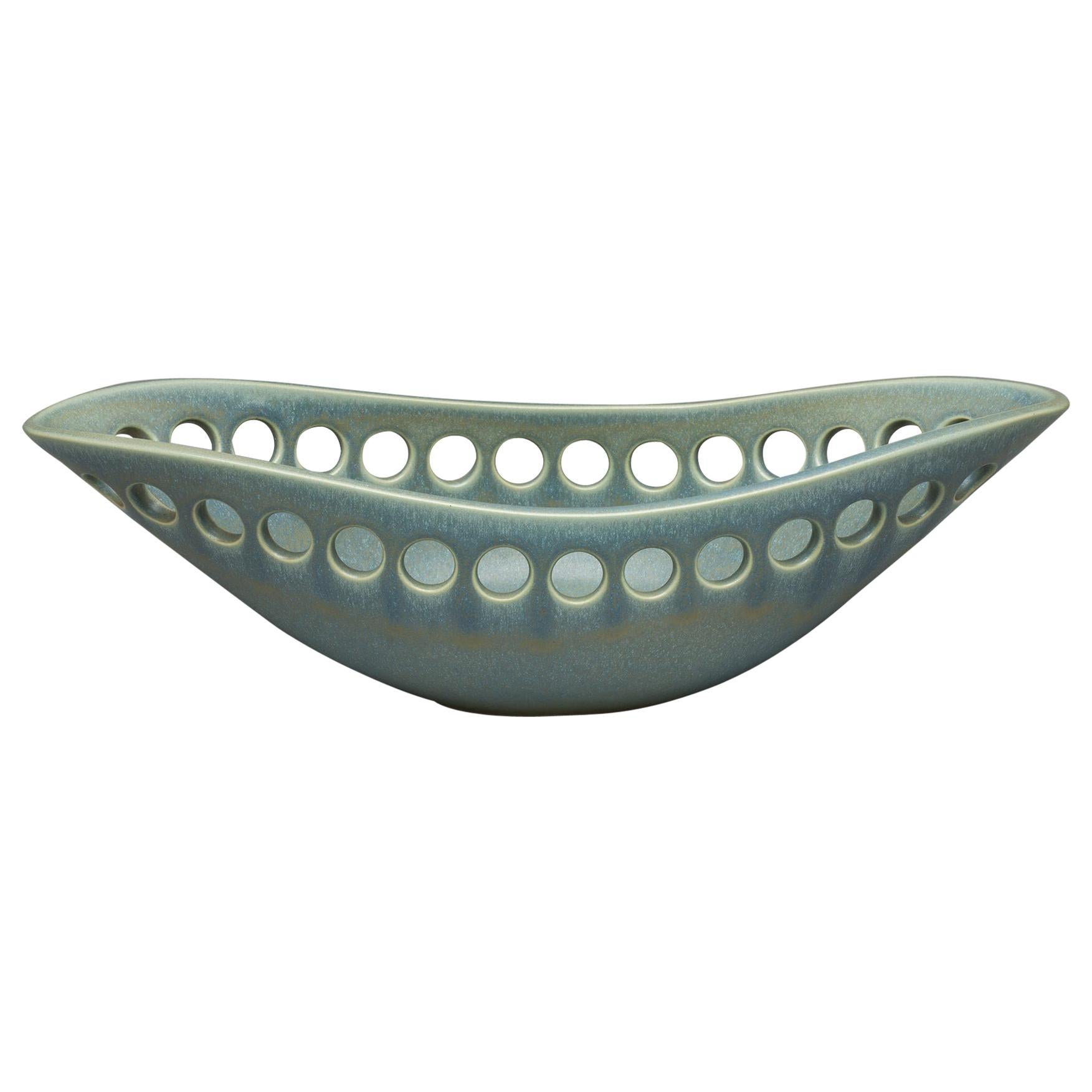 Green Oblong Ceramic Centerpiece Fruit Bowl with Satin Glaze, in Stock