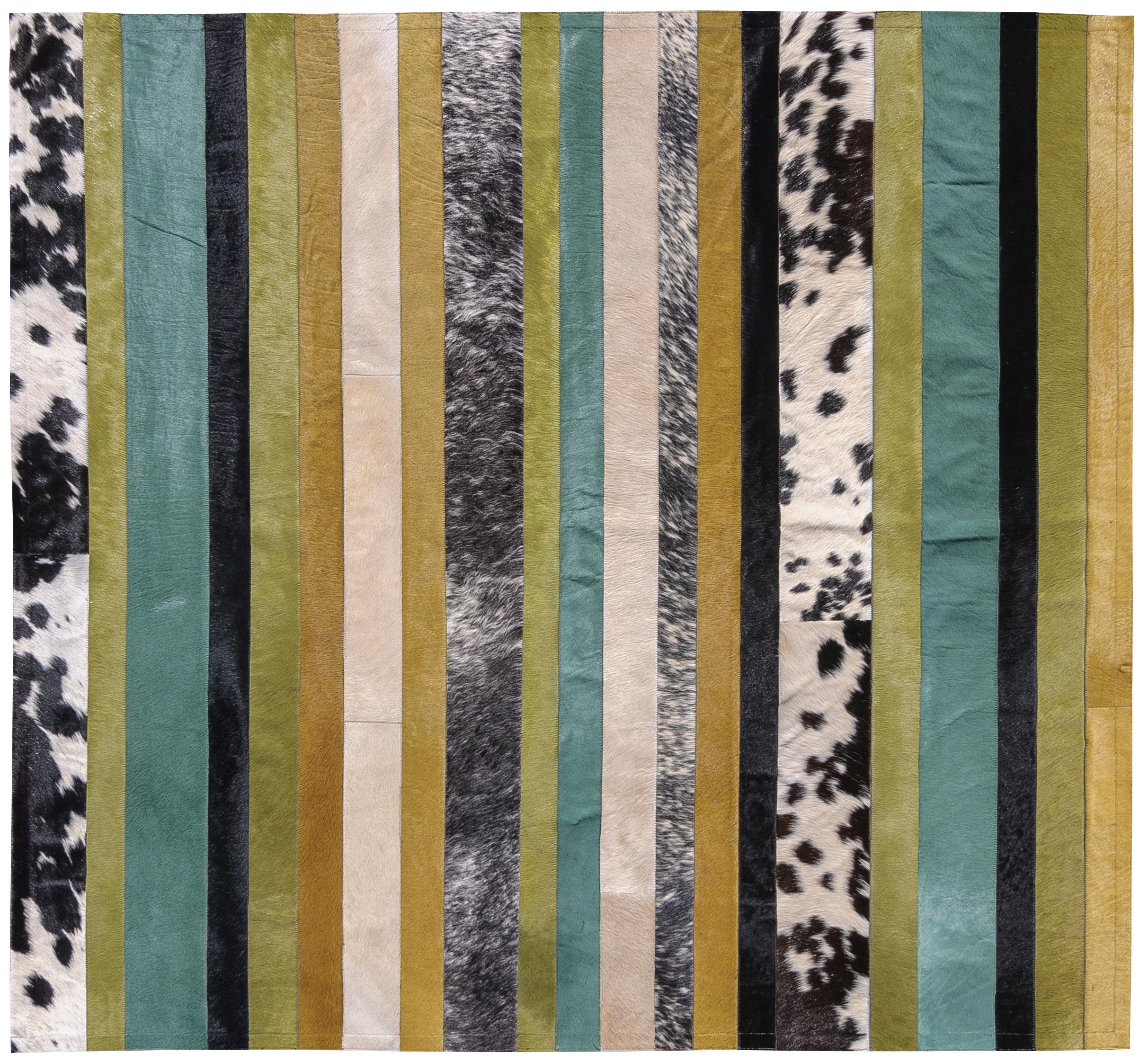 Contemporary Green Ochre and White Stripes Nueva Raya Customizable Cowhide Area Rug XX-Large For Sale