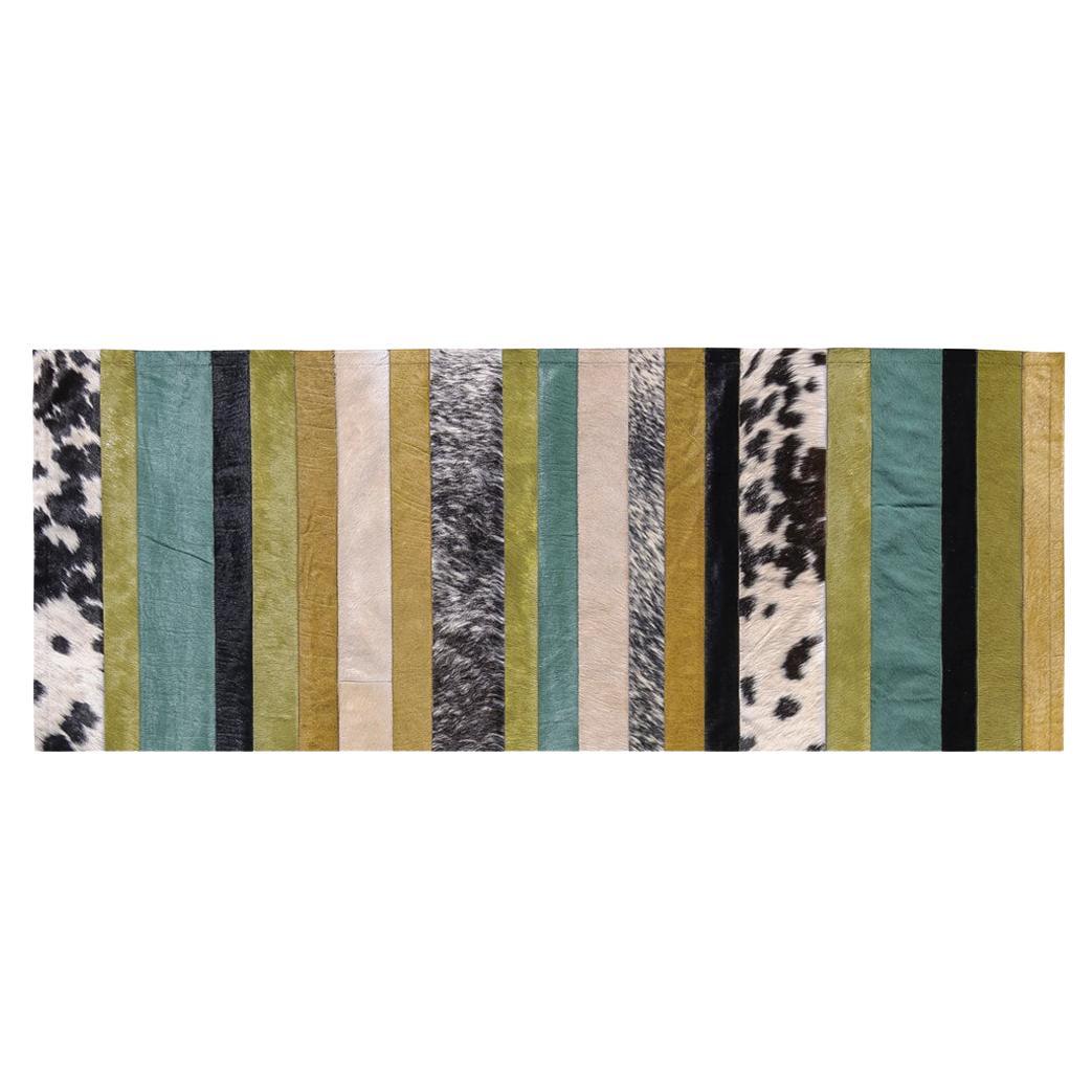 Green Ochre and White Stripes Nueva Raya Customizable Cowhide Runner Small For Sale
