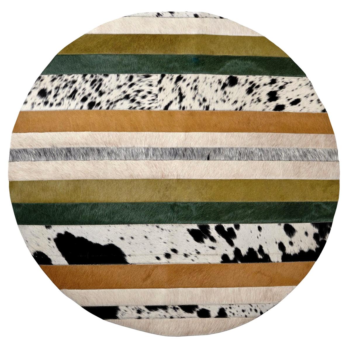 Alfombra redonda de piel de vaca personalizable verde, negra y blanca Nueva Raya Pequeña