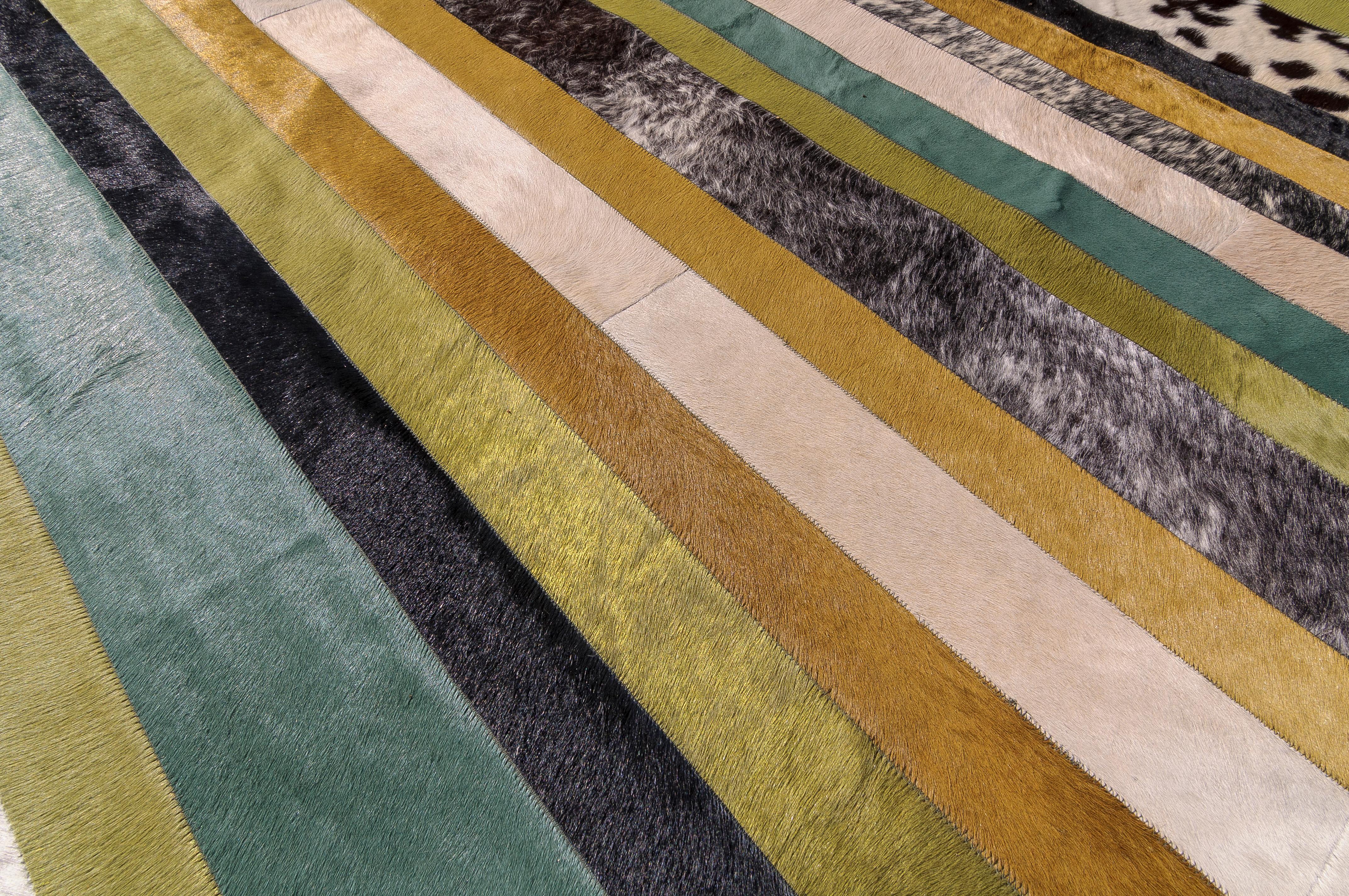 Machine-Made Green ochre & white stripes Nueva Raya Customizable Cowhide Area Rug Large For Sale
