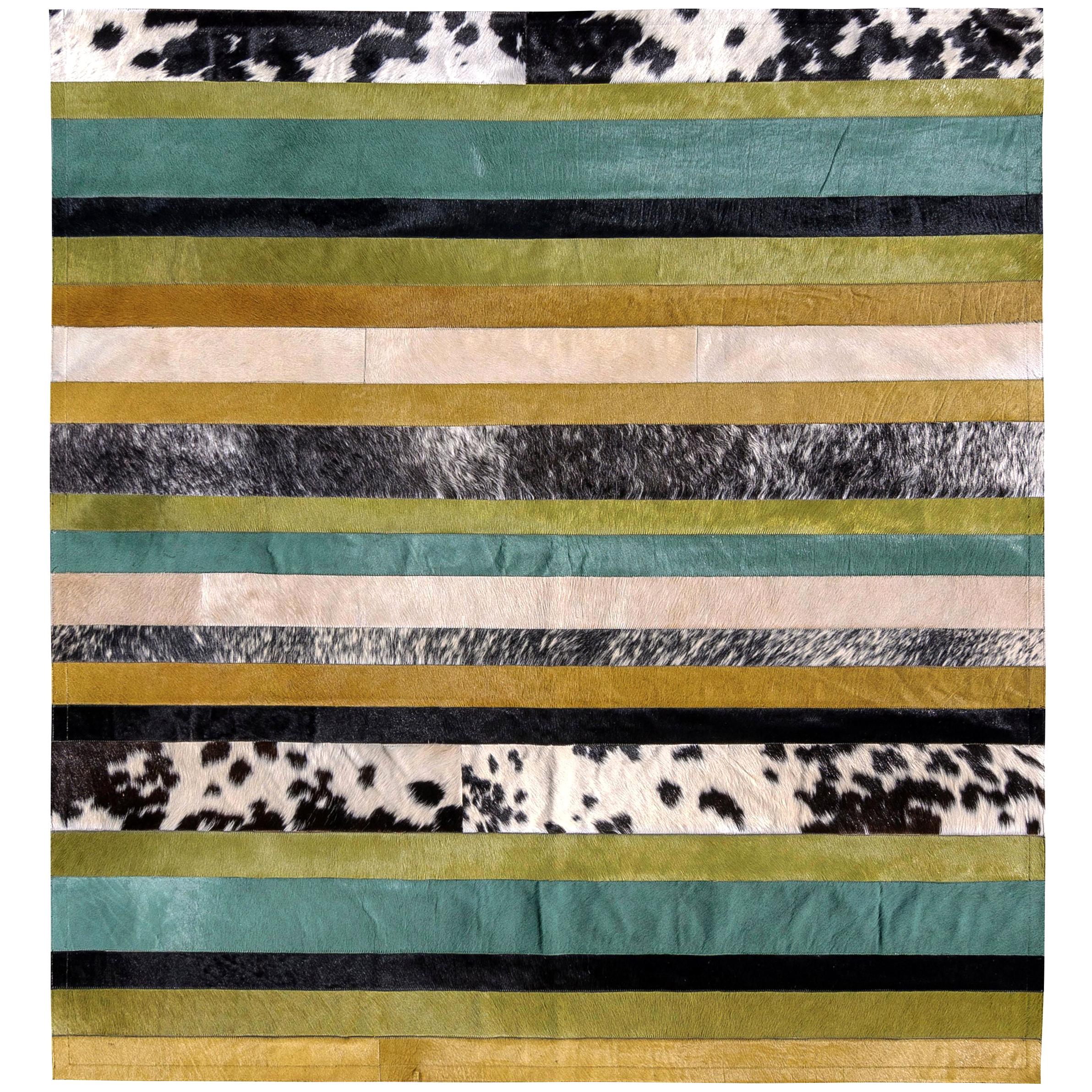 Green Ochre and White Stripes Nueva Raya Customizable Cowhide Area Rug X-Large For Sale