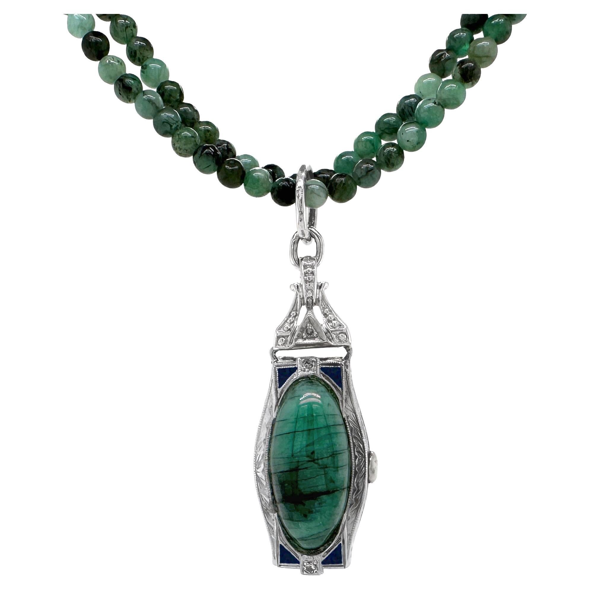 Emerald "Green O'Clock" White Gold Watch Conversion Pendant with Emerald Chain For Sale