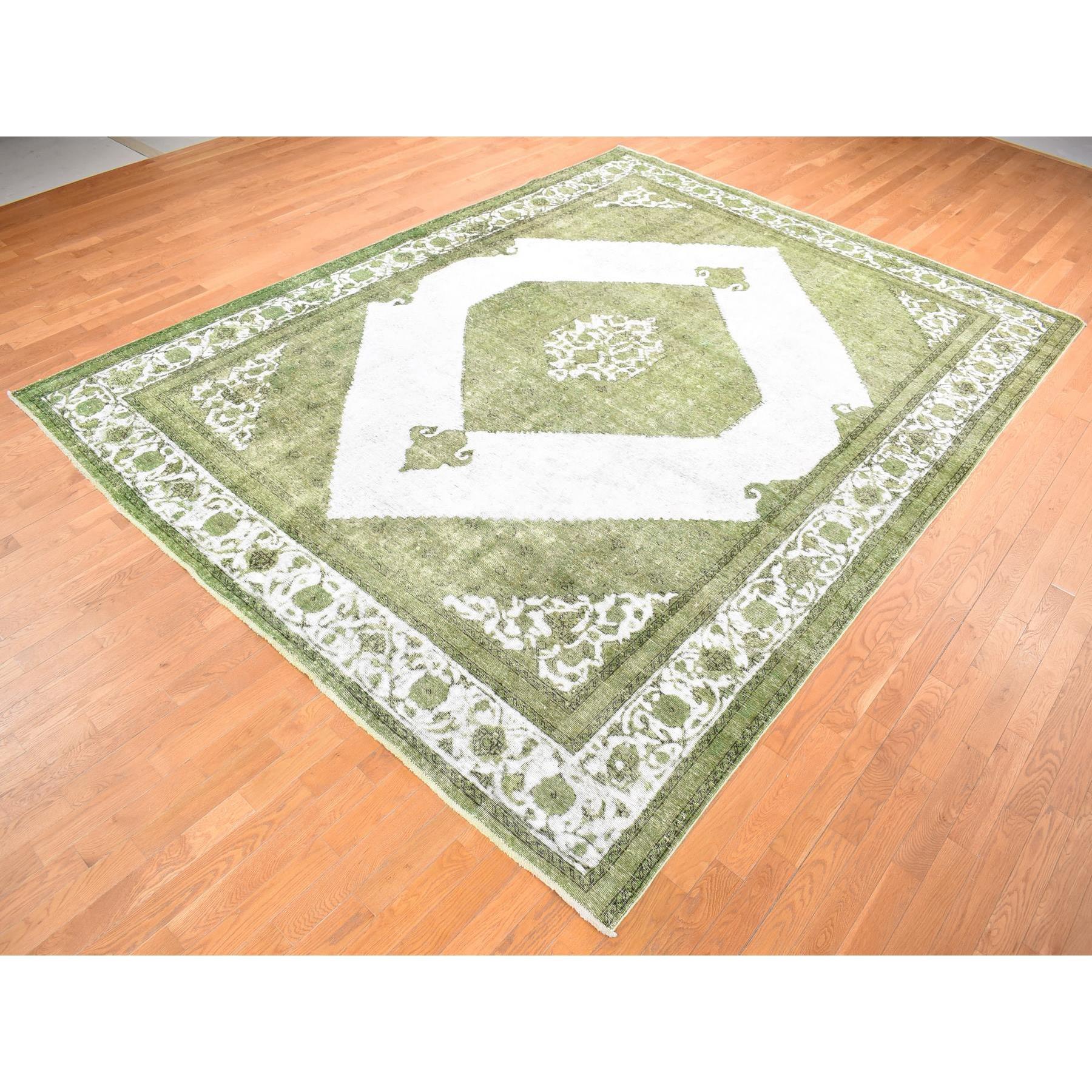 Medieval Green Old Persian Tabriz Open Field Medallion Design Hand Knotted Pure Wool Rug