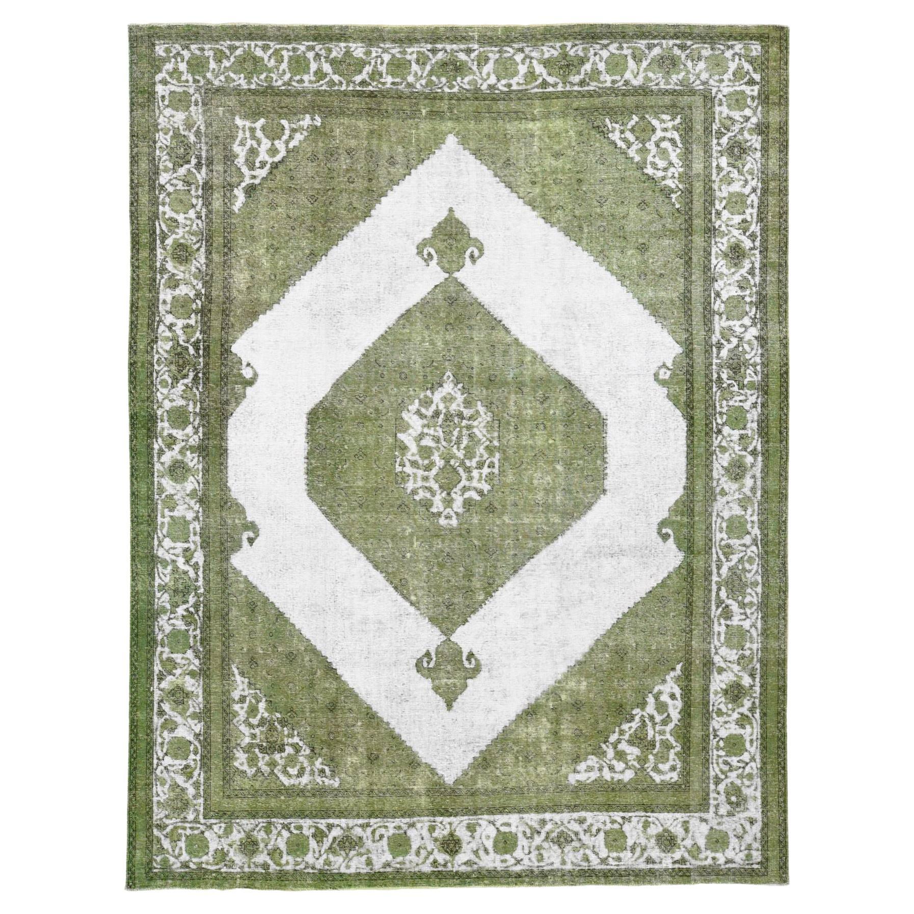 Green Old Persian Tabriz Open Field Medallion Design Hand Knotted Pure Wool Rug