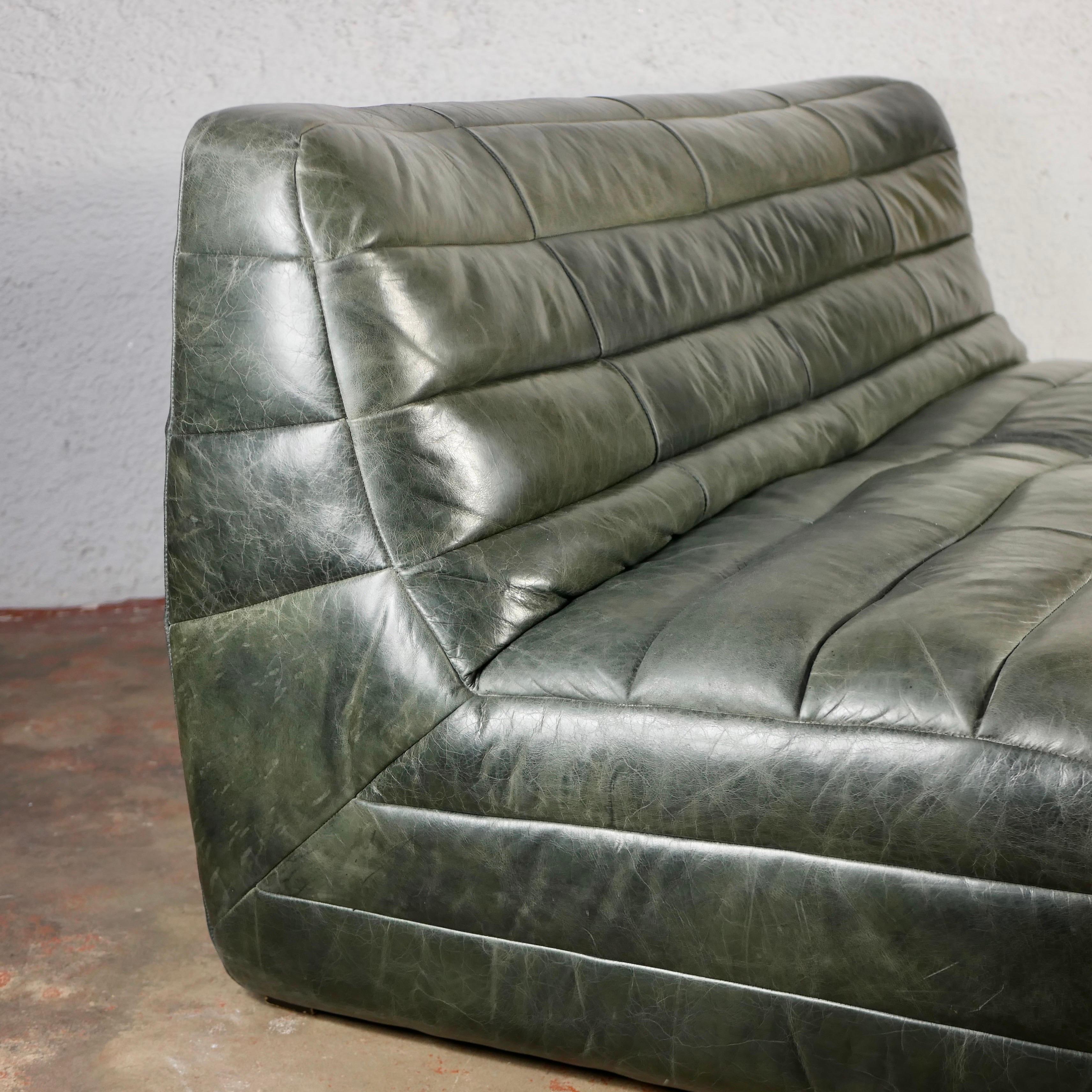 Green olive De Sede style patchwork leather sofa from France, 1980s 3
