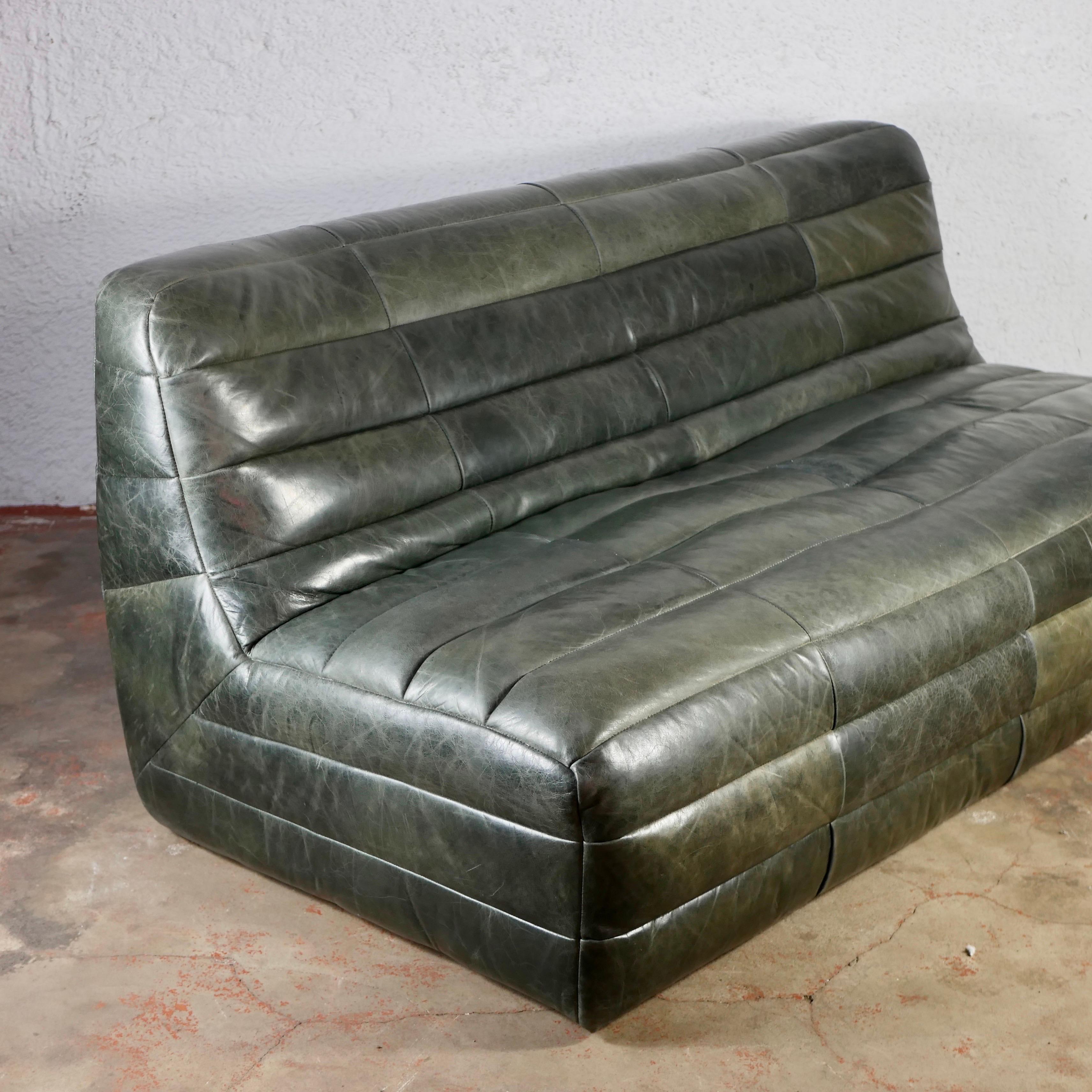 Green olive De Sede style patchwork leather sofa from France, 1980s 4