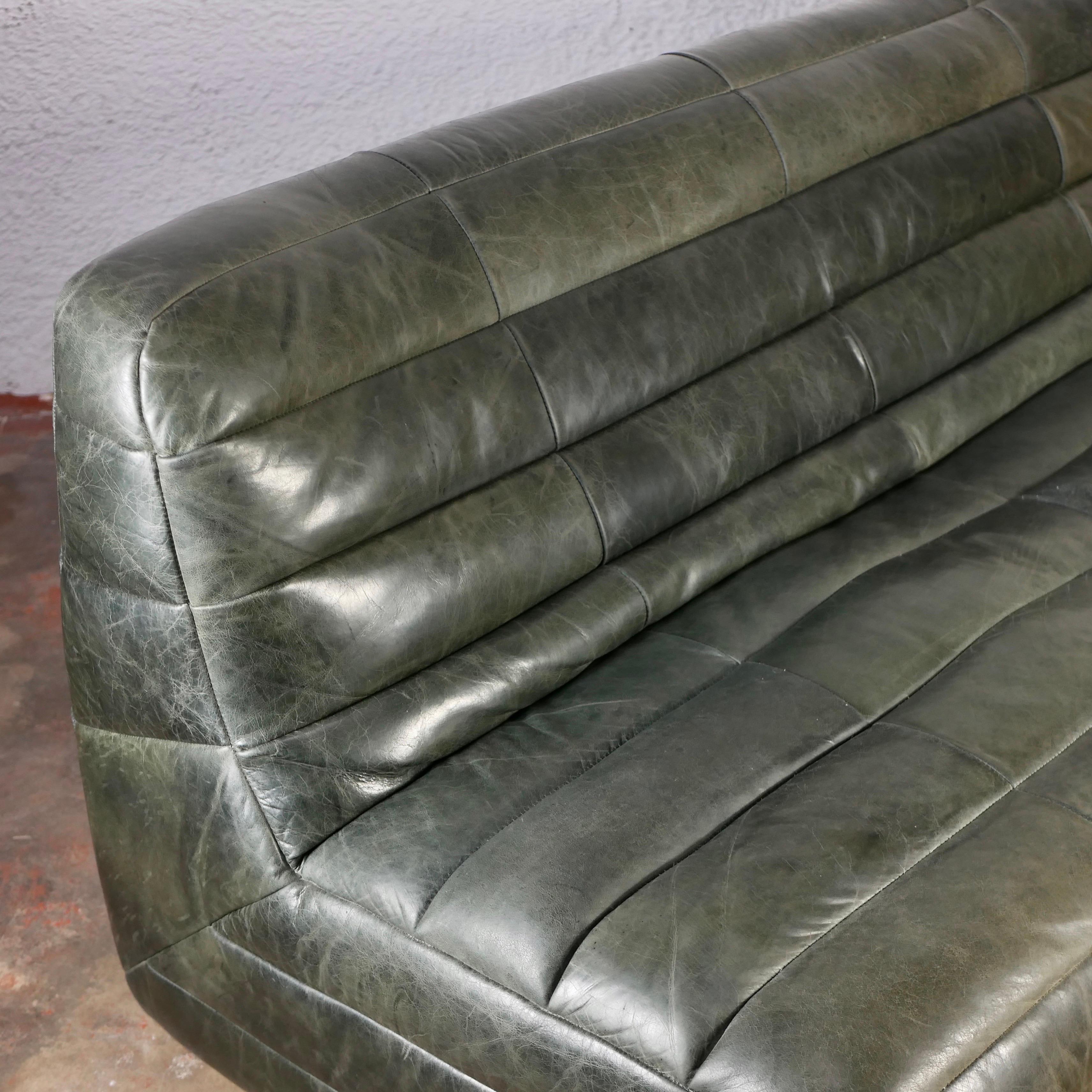 Green olive De Sede style patchwork leather sofa from France, 1980s 5