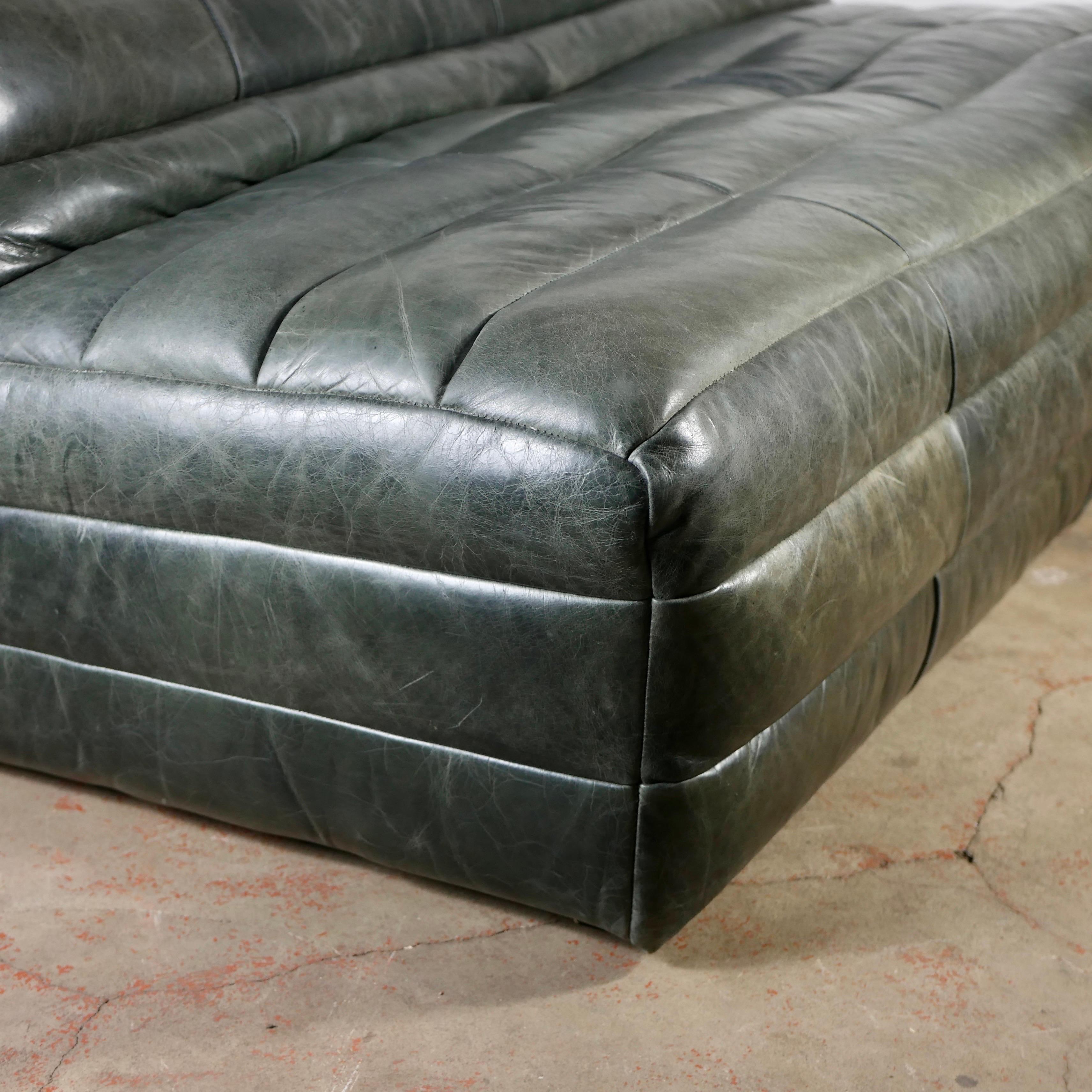 Green olive De Sede style patchwork leather sofa from France, 1980s 8