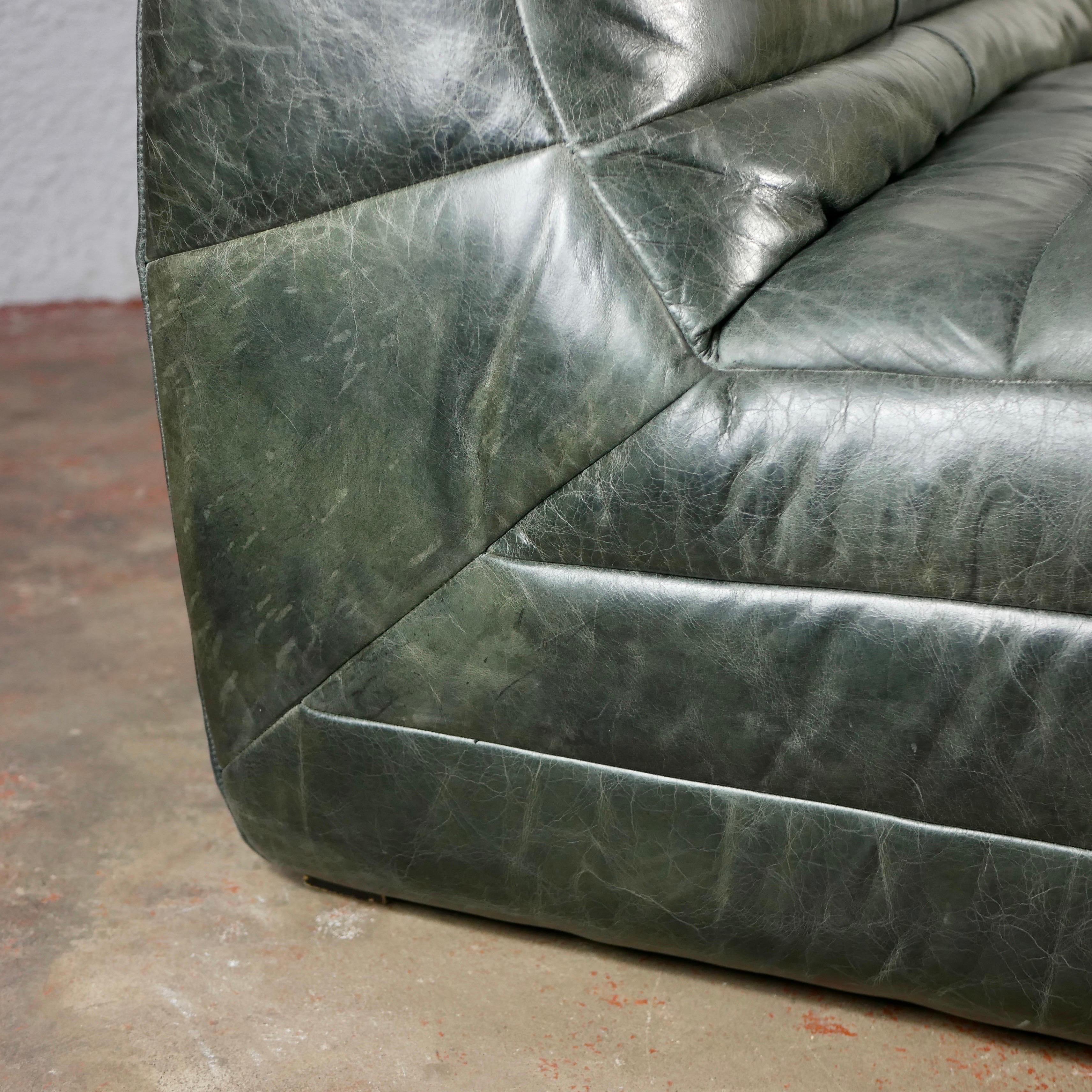 Green olive De Sede style patchwork leather sofa from France, 1980s 9