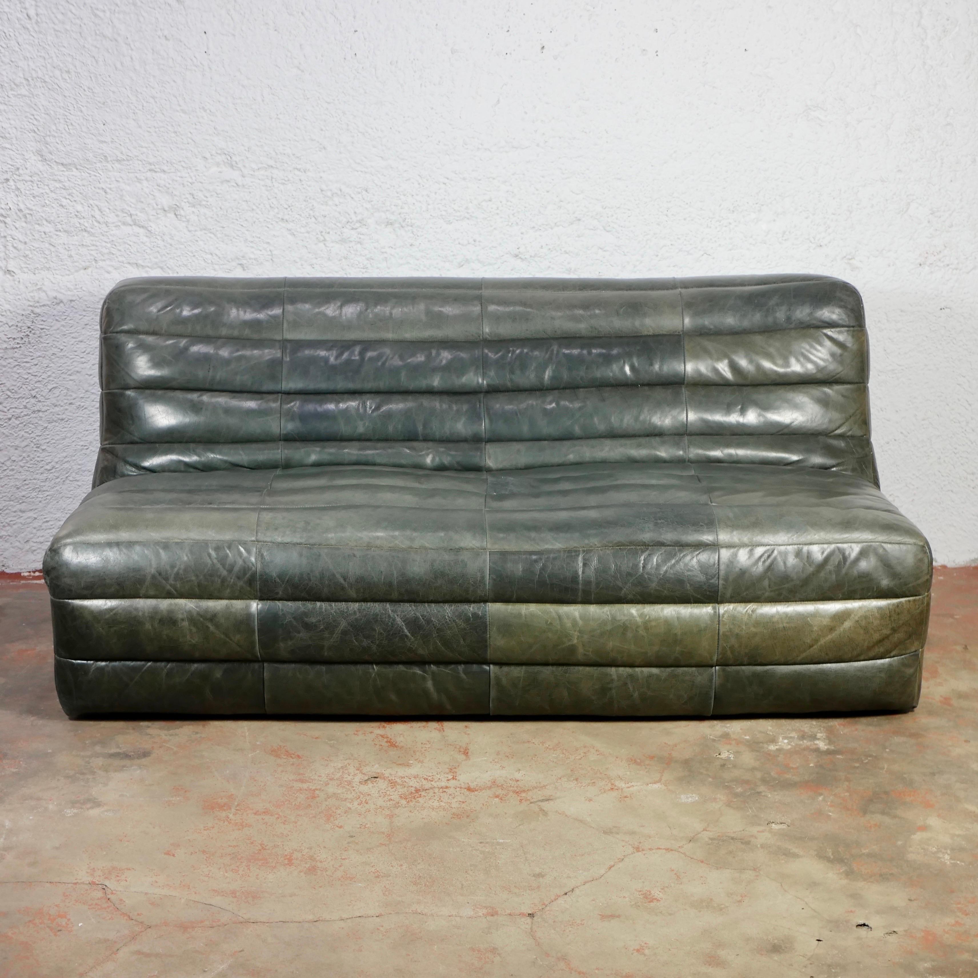 Post-Modern Green olive De Sede style patchwork leather sofa from France, 1980s