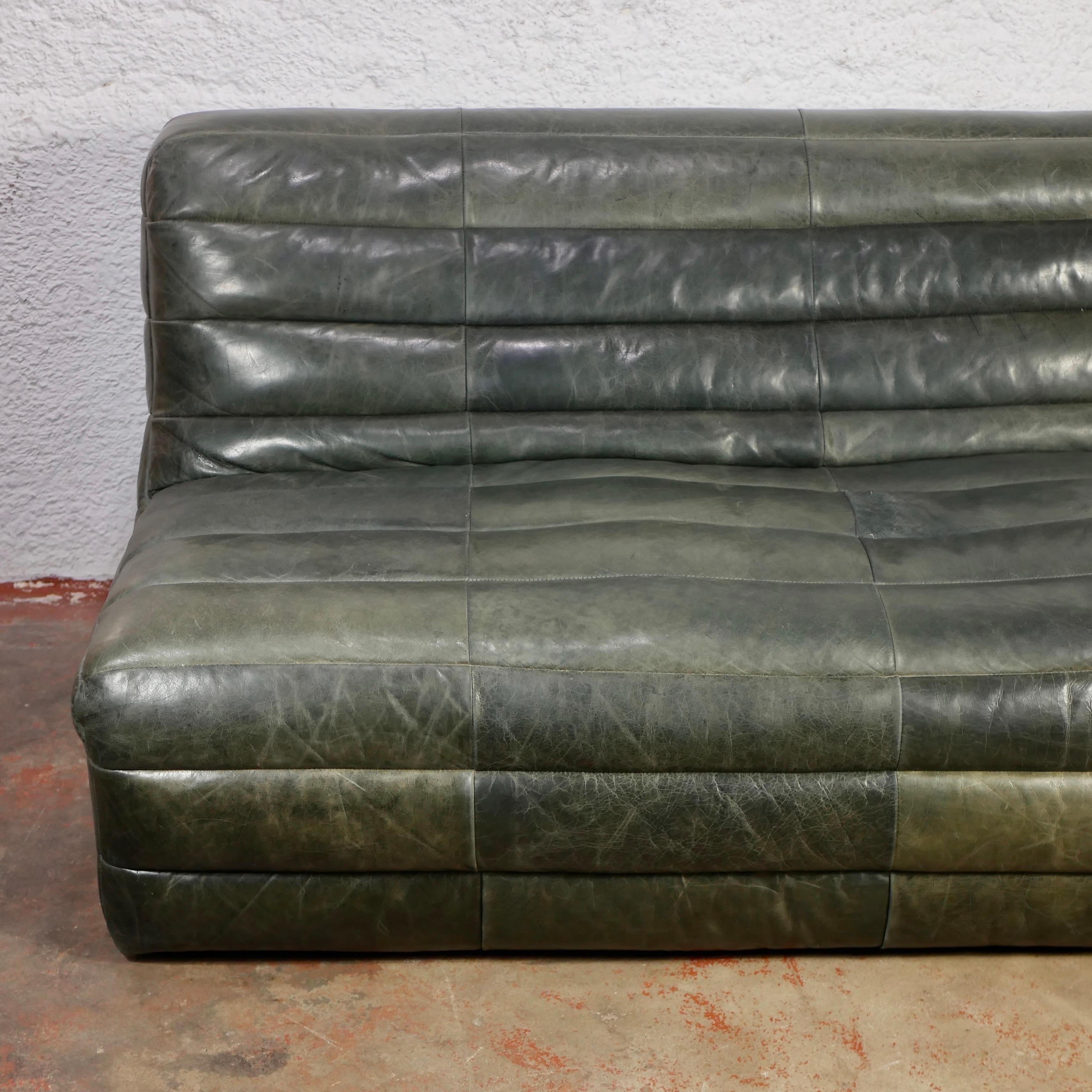 French Green olive De Sede style patchwork leather sofa from France, 1980s