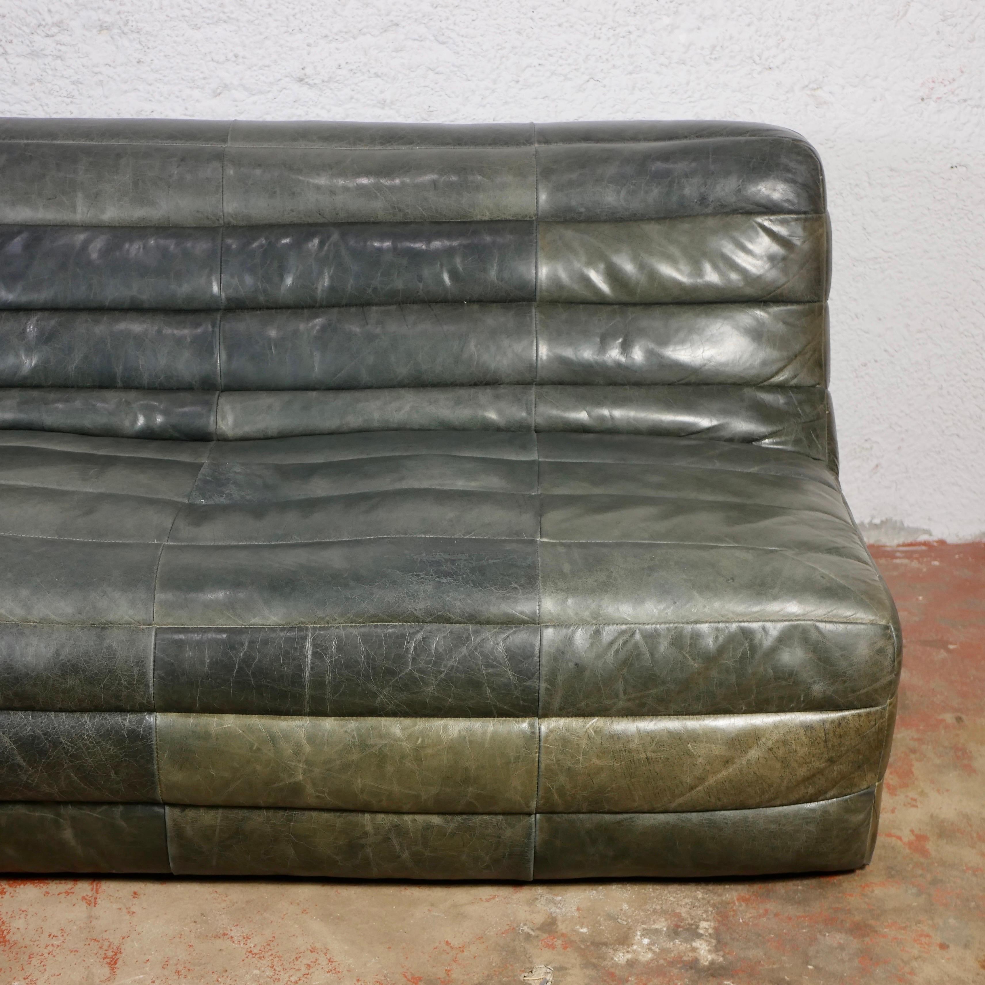 Late 20th Century Green olive De Sede style patchwork leather sofa from France, 1980s