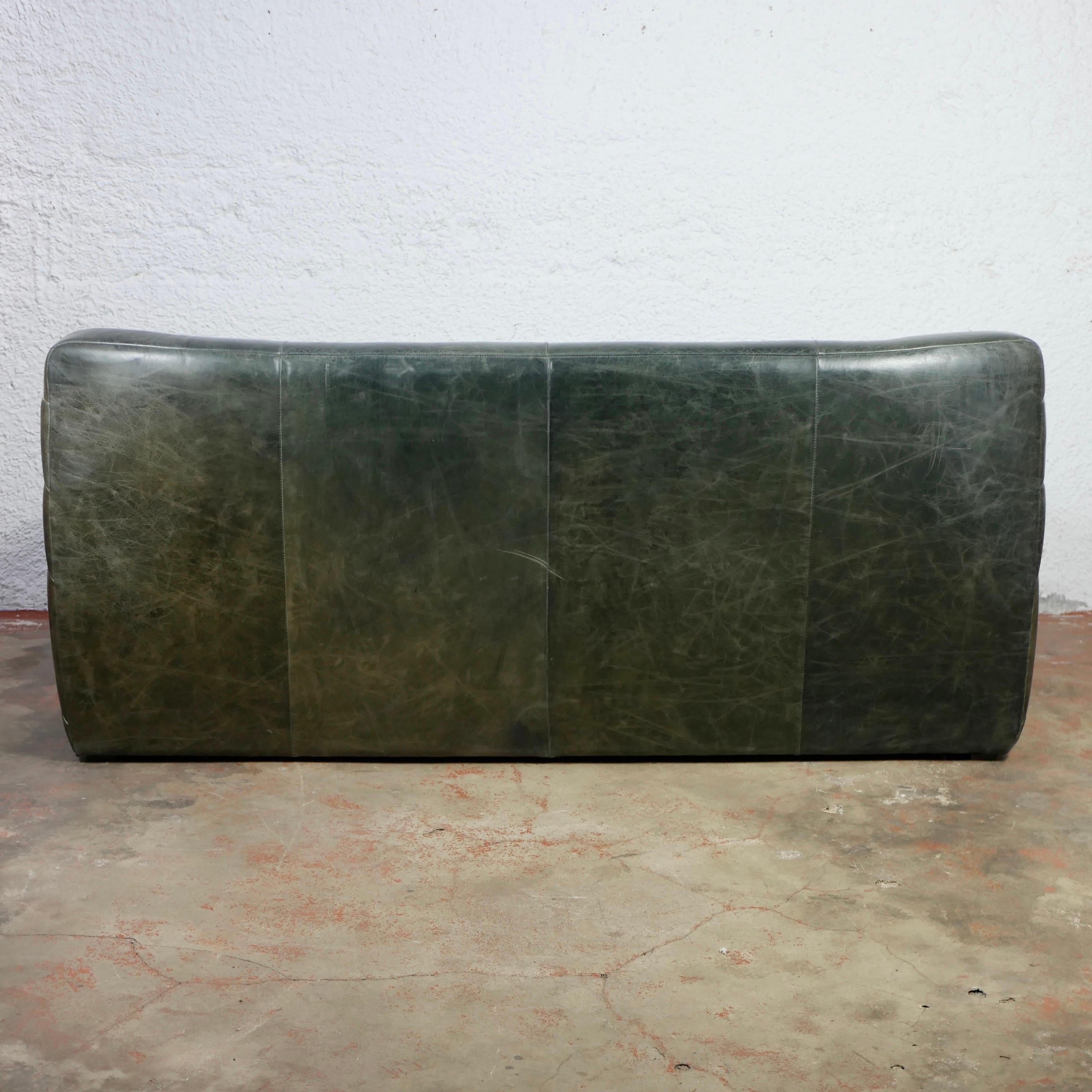 Leather Green olive De Sede style patchwork leather sofa from France, 1980s