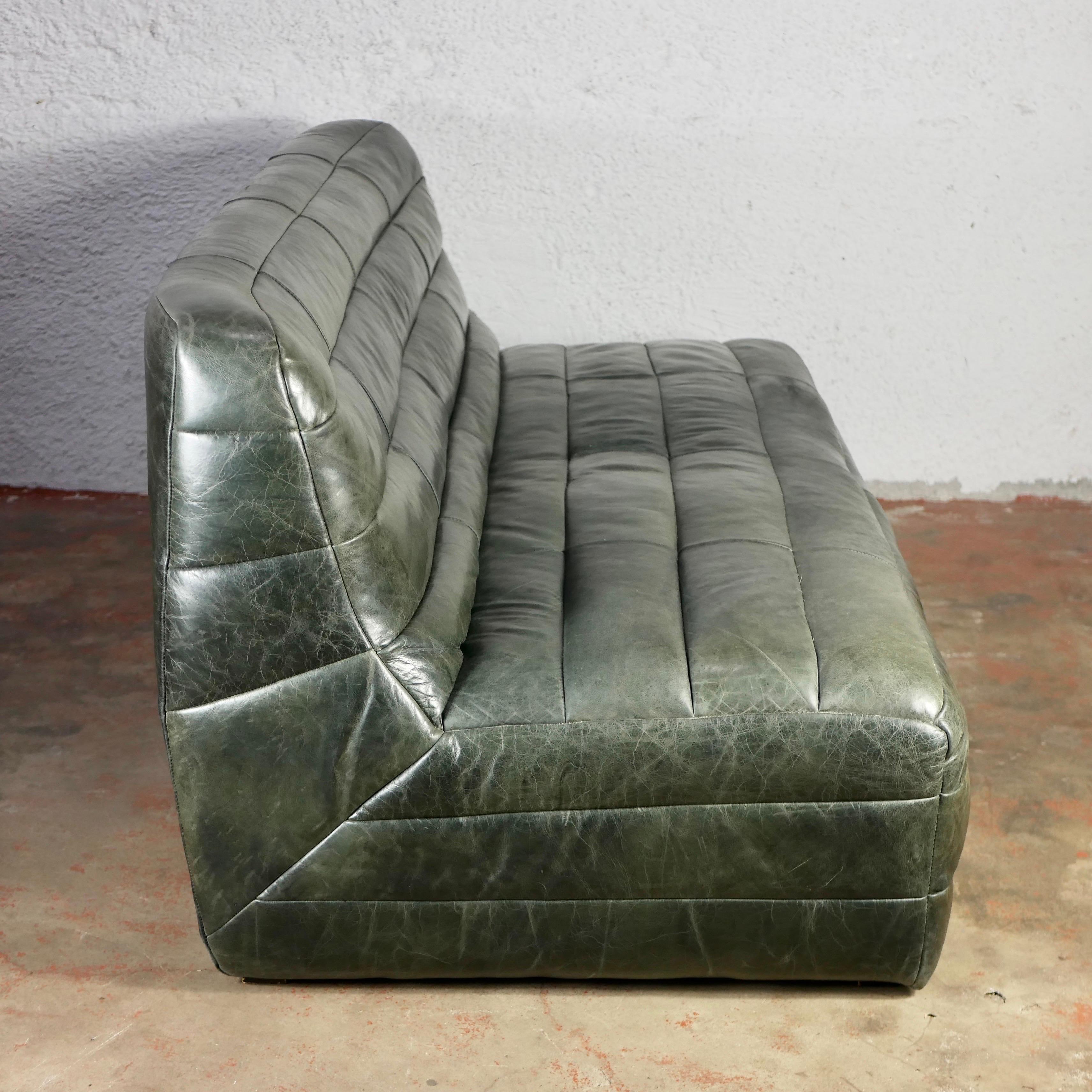 Green olive De Sede style patchwork leather sofa from France, 1980s 2