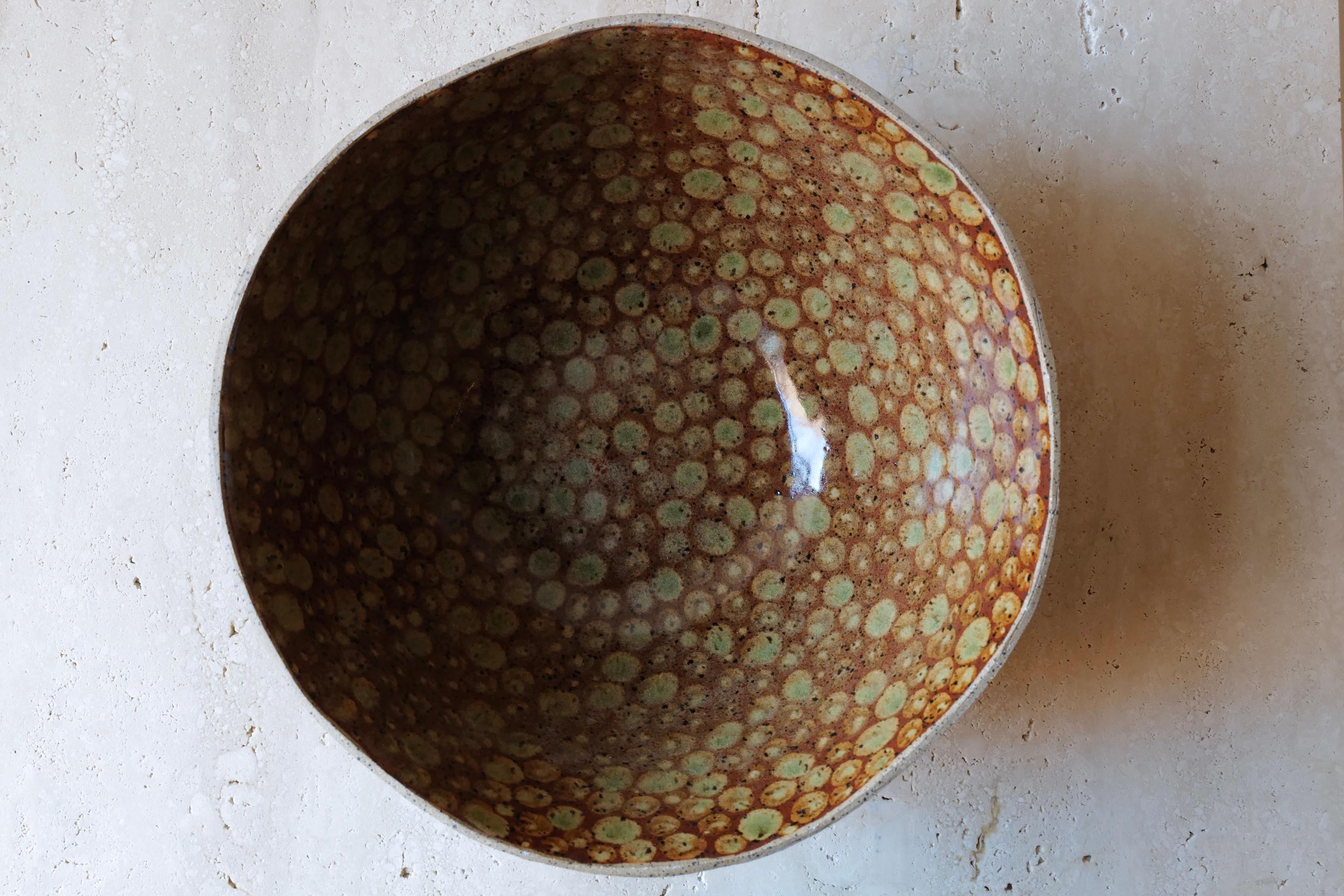 Minimalist Green on Brown Dots Small Serving Bowl by Lana Kova