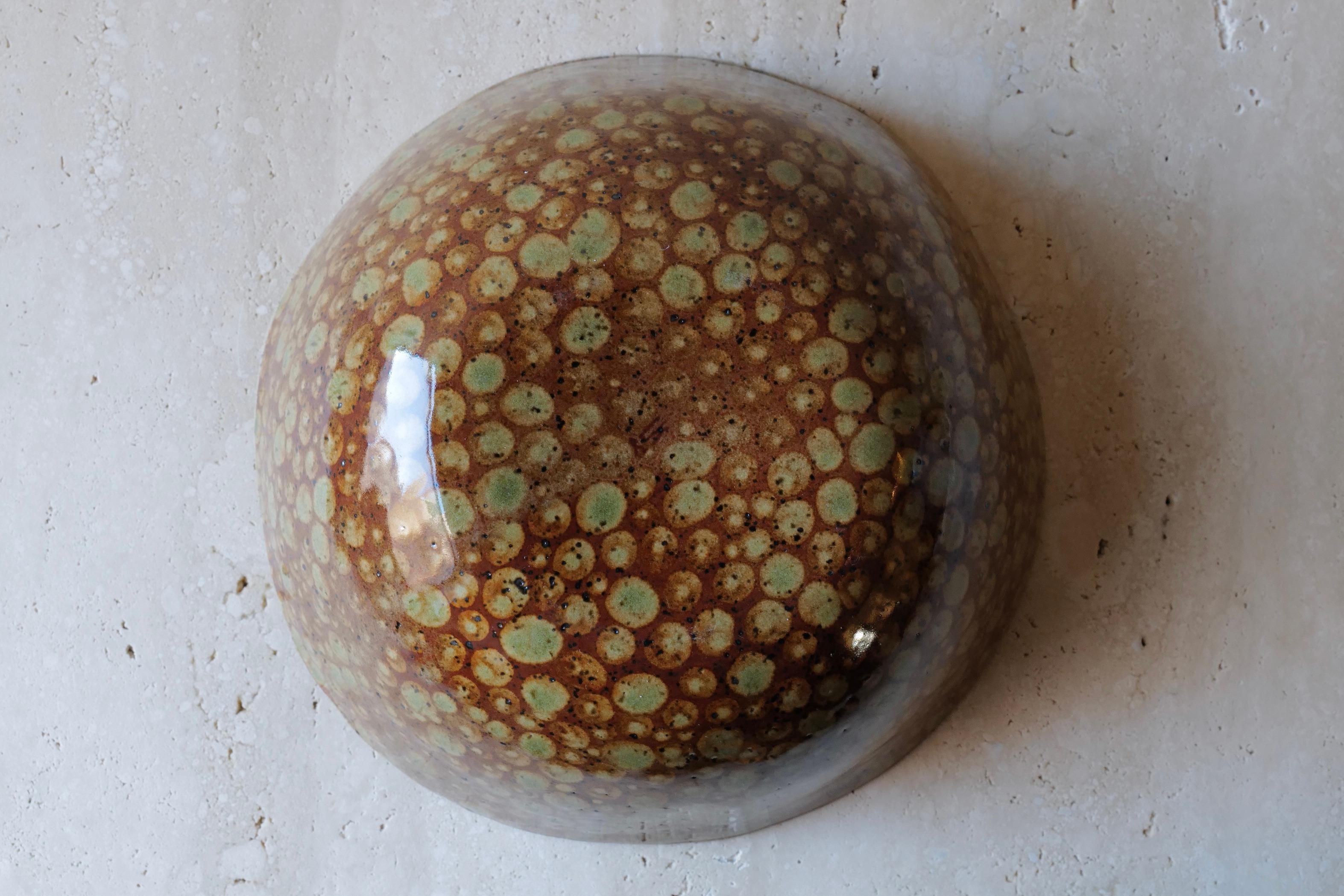 Glazed Green on Brown Dots Small Serving Bowl by Lana Kova