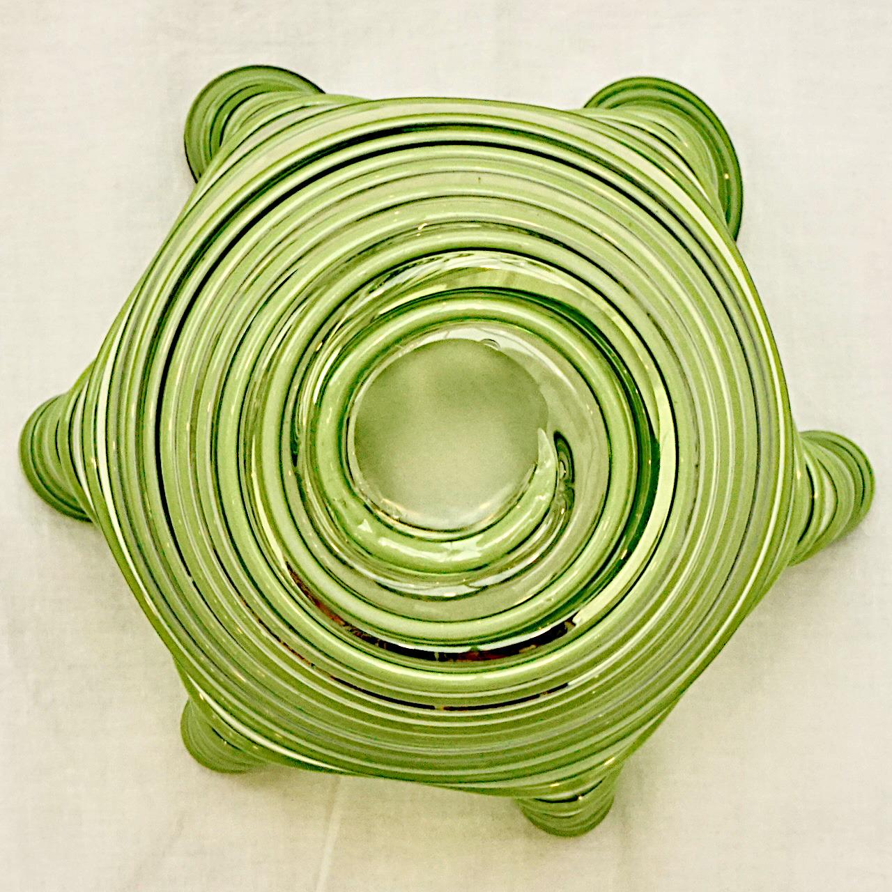 Green on Green Folded Striped Glass Handkerchief Vase, circa 1960s In Good Condition For Sale In London, GB