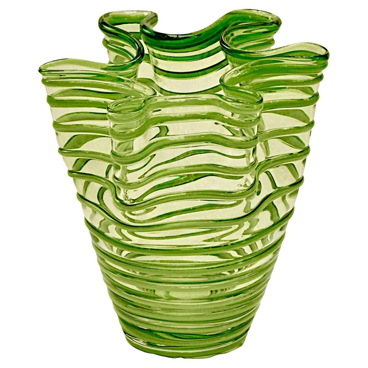 Green on Green Folded Striped Glass Handkerchief Vase, circa 1960s