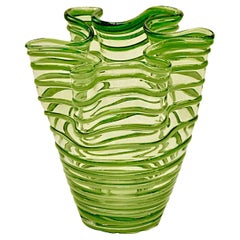 Retro Green on Green Folded Striped Glass Handkerchief Vase, circa 1960s
