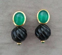 Green Onyx 14k Gold Black Onyx Emerald Cabs Carved Round Beads Stud Earrings
