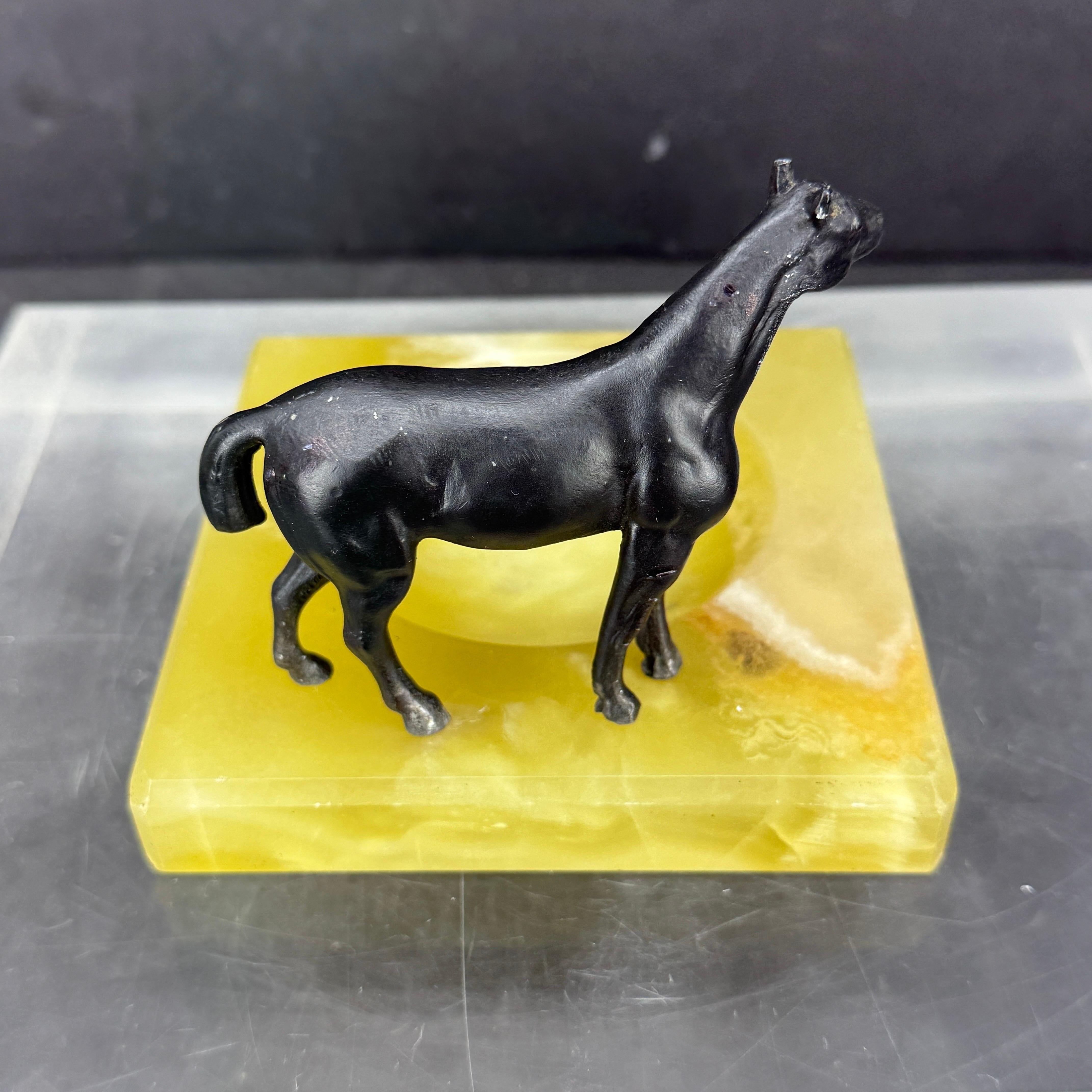 Mid-Century Modern Green Onyx and Bronze Horse Statue Ashtray Jewelry Tray For Sale