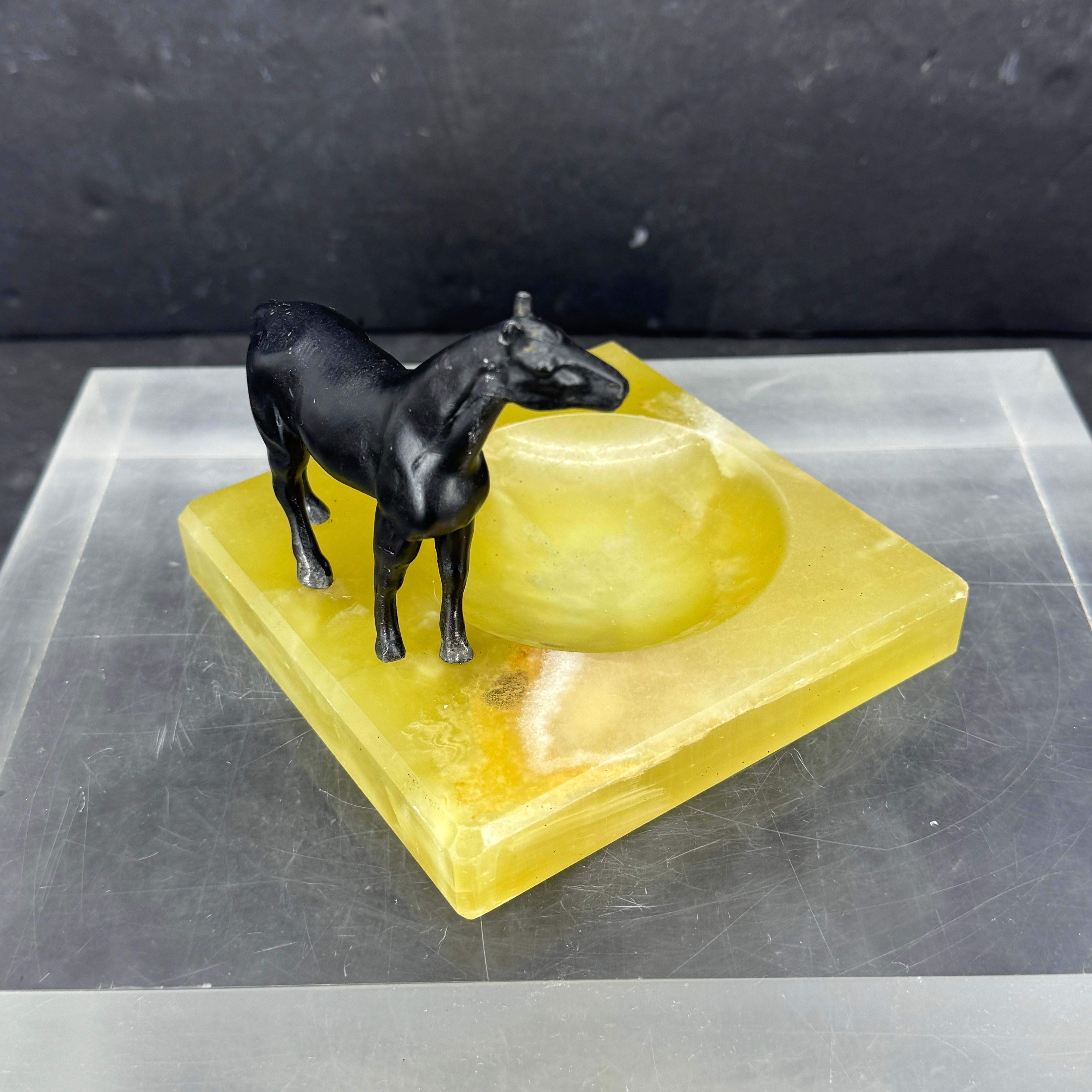 Cast Green Onyx and Bronze Horse Statue Ashtray Jewelry Tray For Sale