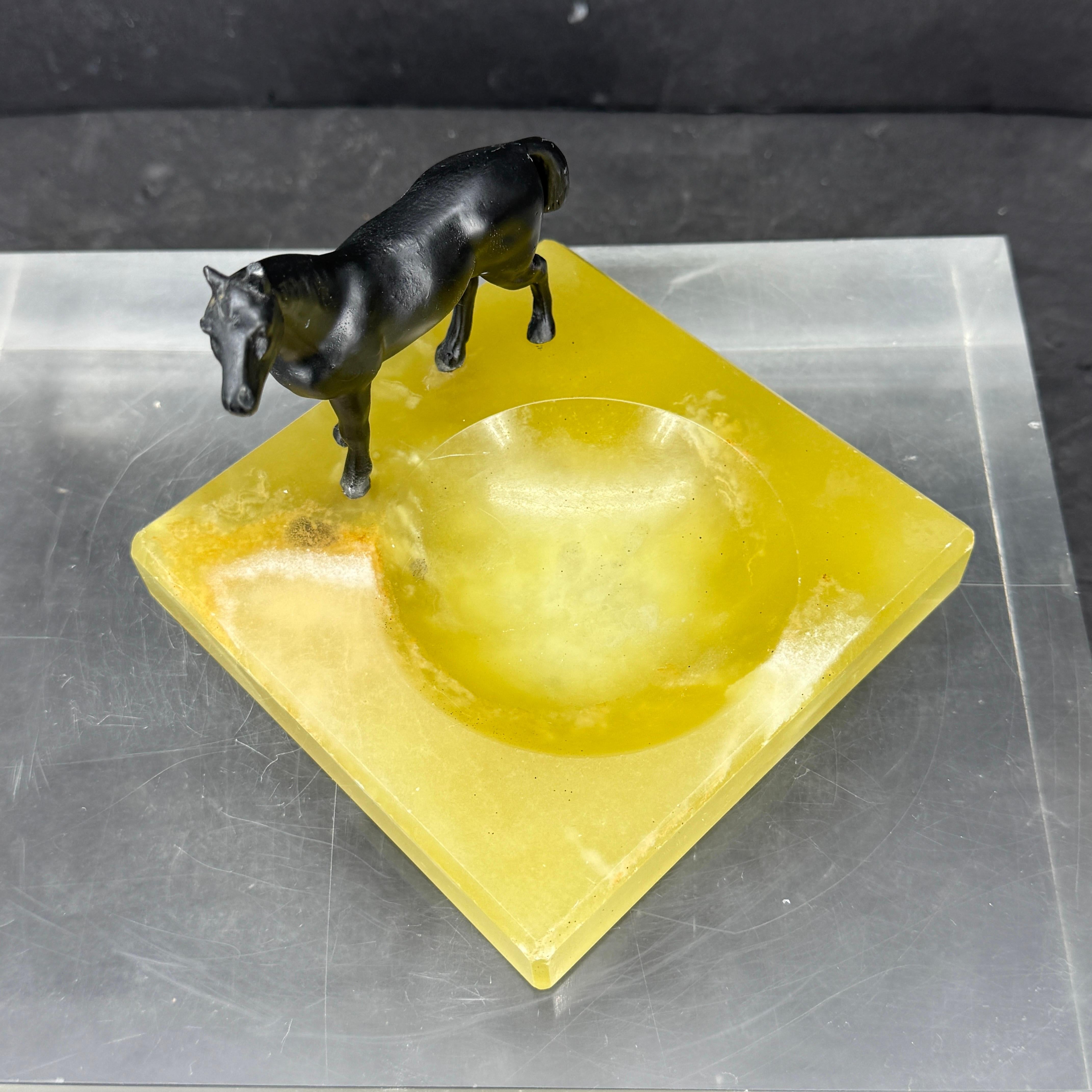 20th Century Green Onyx and Bronze Horse Statue Ashtray Jewelry Tray For Sale