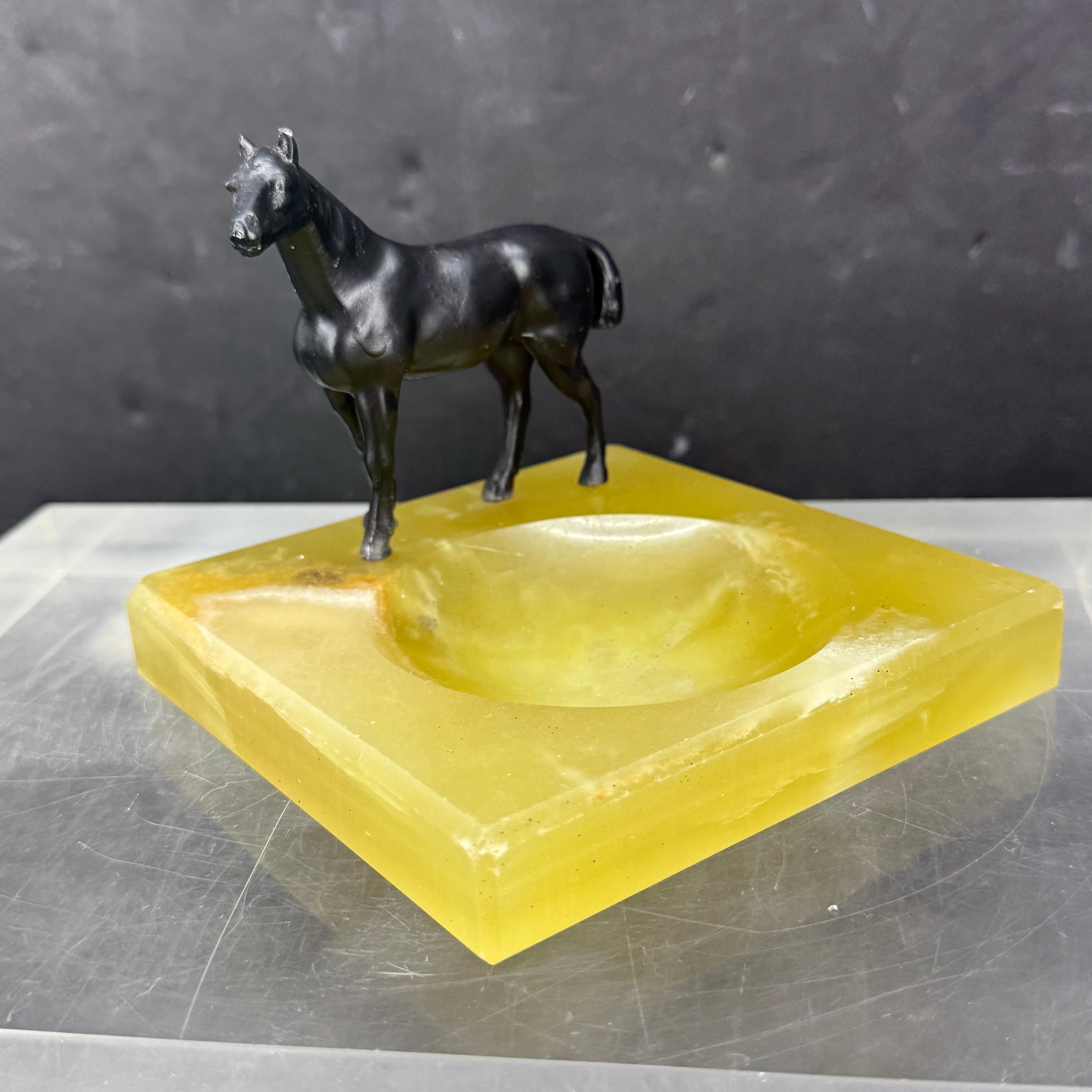 Green Onyx and Bronze Horse Statue Ashtray Jewelry Tray For Sale 1