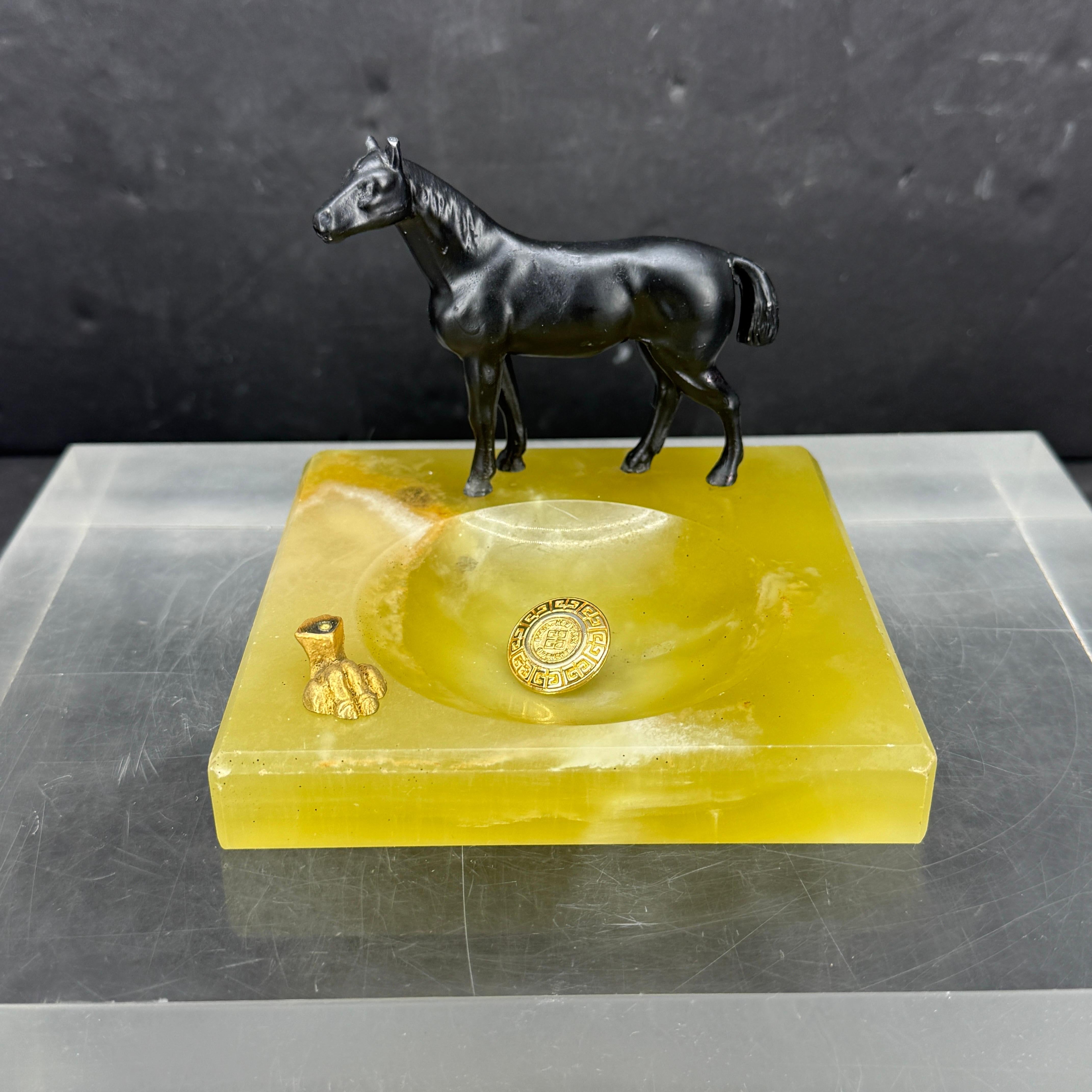 Green Onyx and Bronze Horse Statue Ashtray Jewelry Tray For Sale 2