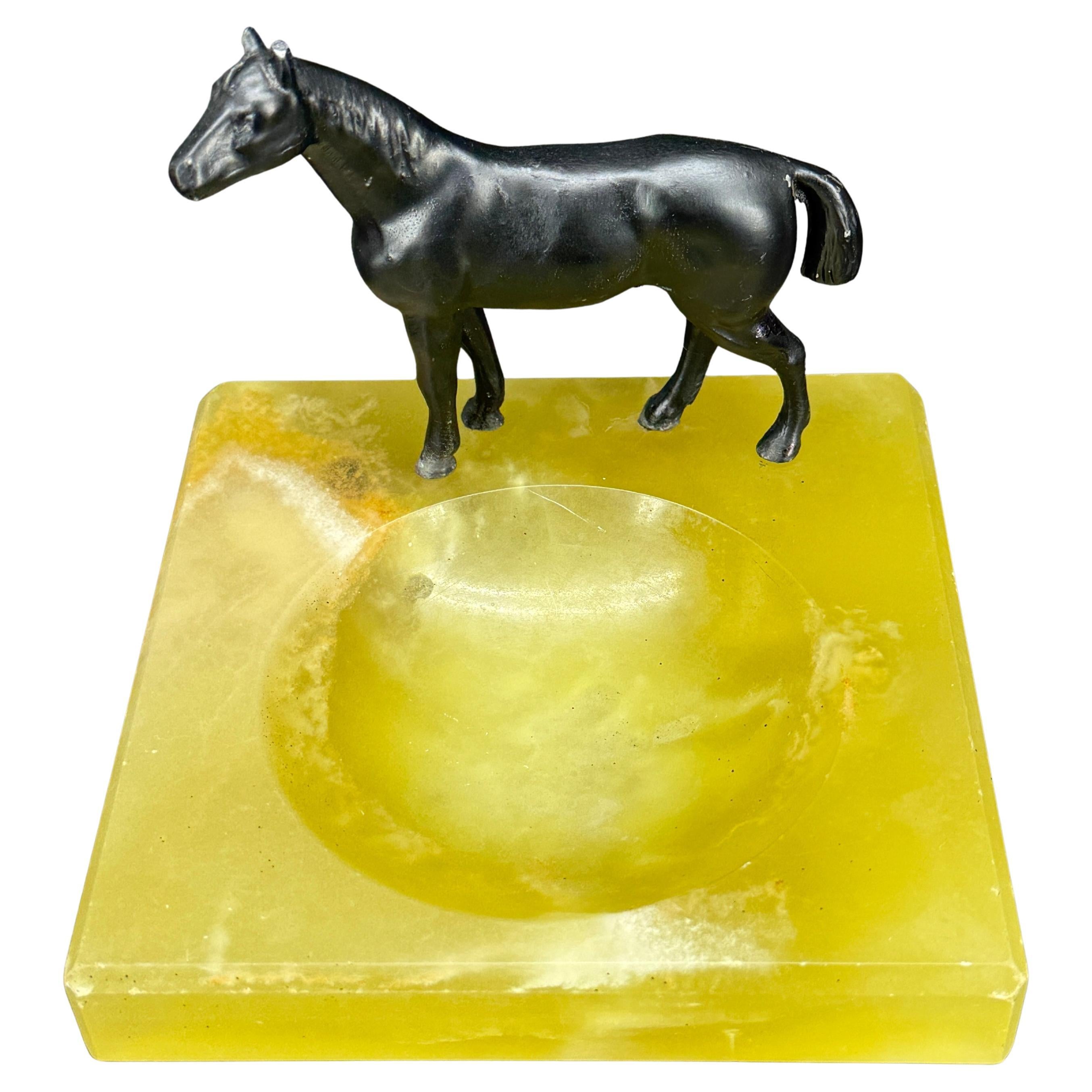 Green Onyx and Bronze Horse Statue Ashtray Jewelry Tray For Sale