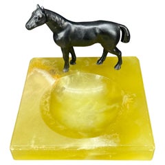 Antique Green Onyx and Bronze Horse Statue Ashtray Jewelry Tray