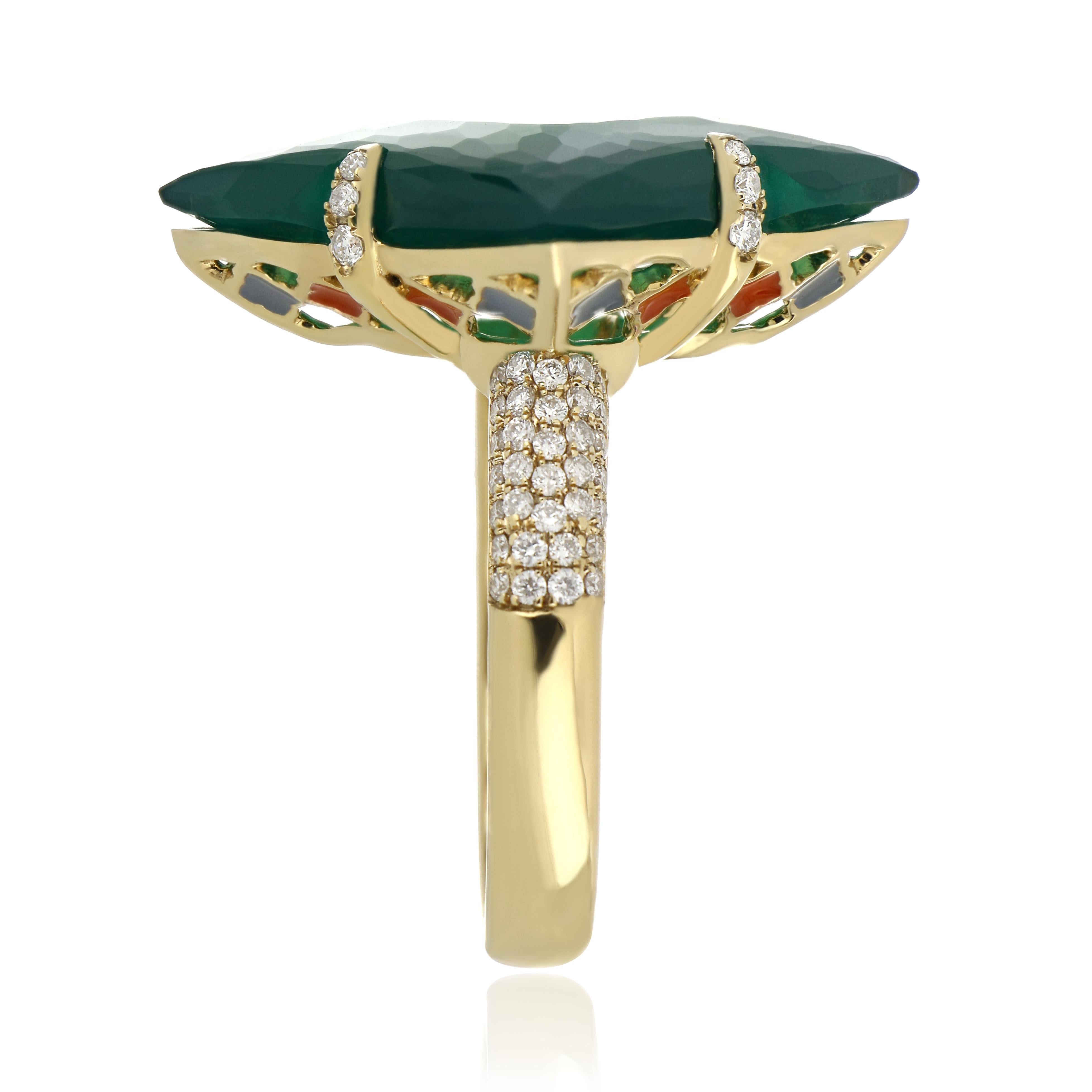 En vente :  Bague cloutée en or jaune 14 carats, onyx vert et diamants 7