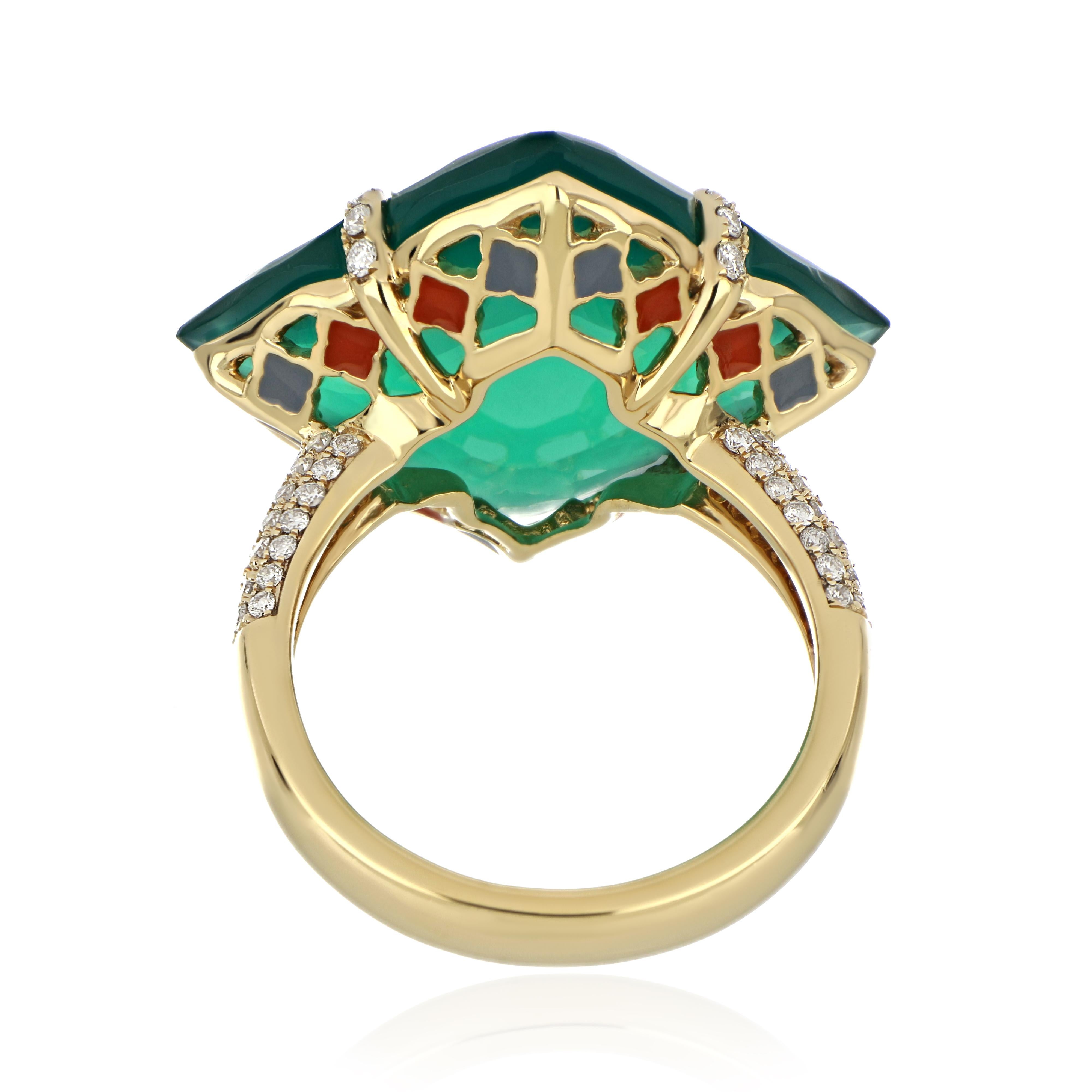 En vente :  Bague cloutée en or jaune 14 carats, onyx vert et diamants 8