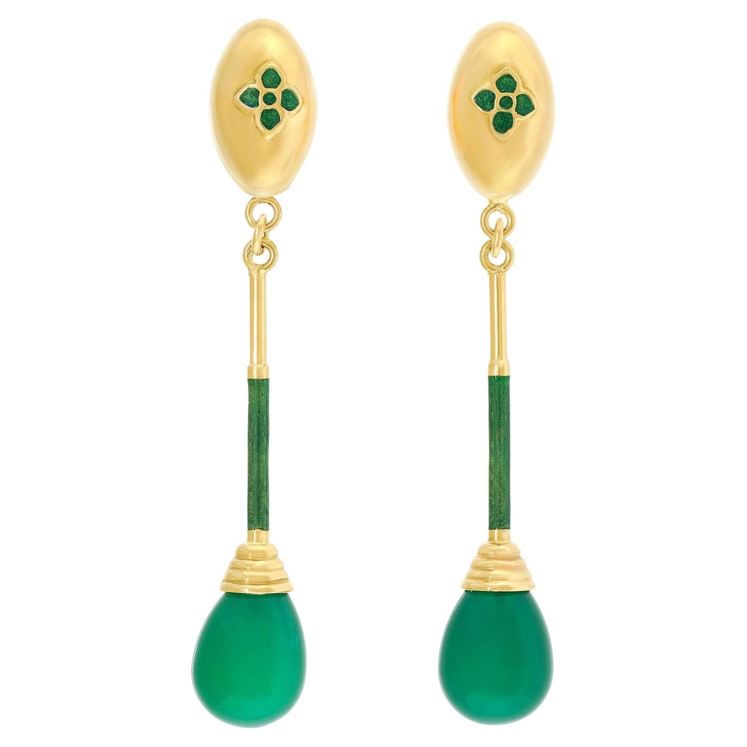 Boucles d'oreilles chandelier en onyx vert et émail en vente