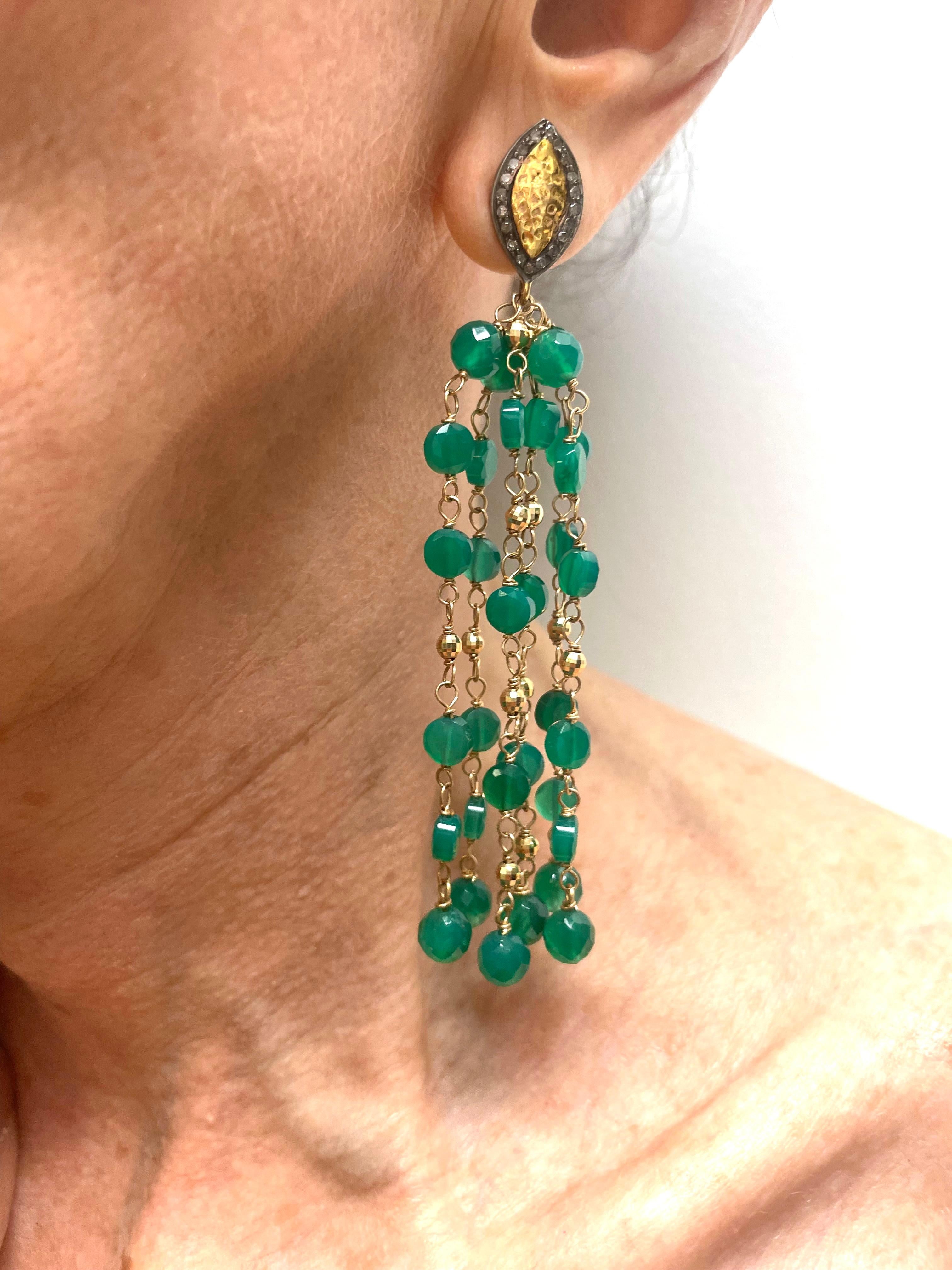 Description
Festive and fun, full of movement and sparkle, just what’s needed to put a smile on your face and holiday festivities. Vivid green faceted onyx delicately and meticulously hand wire-wrapped dangle to perfection with accented faceted 14k