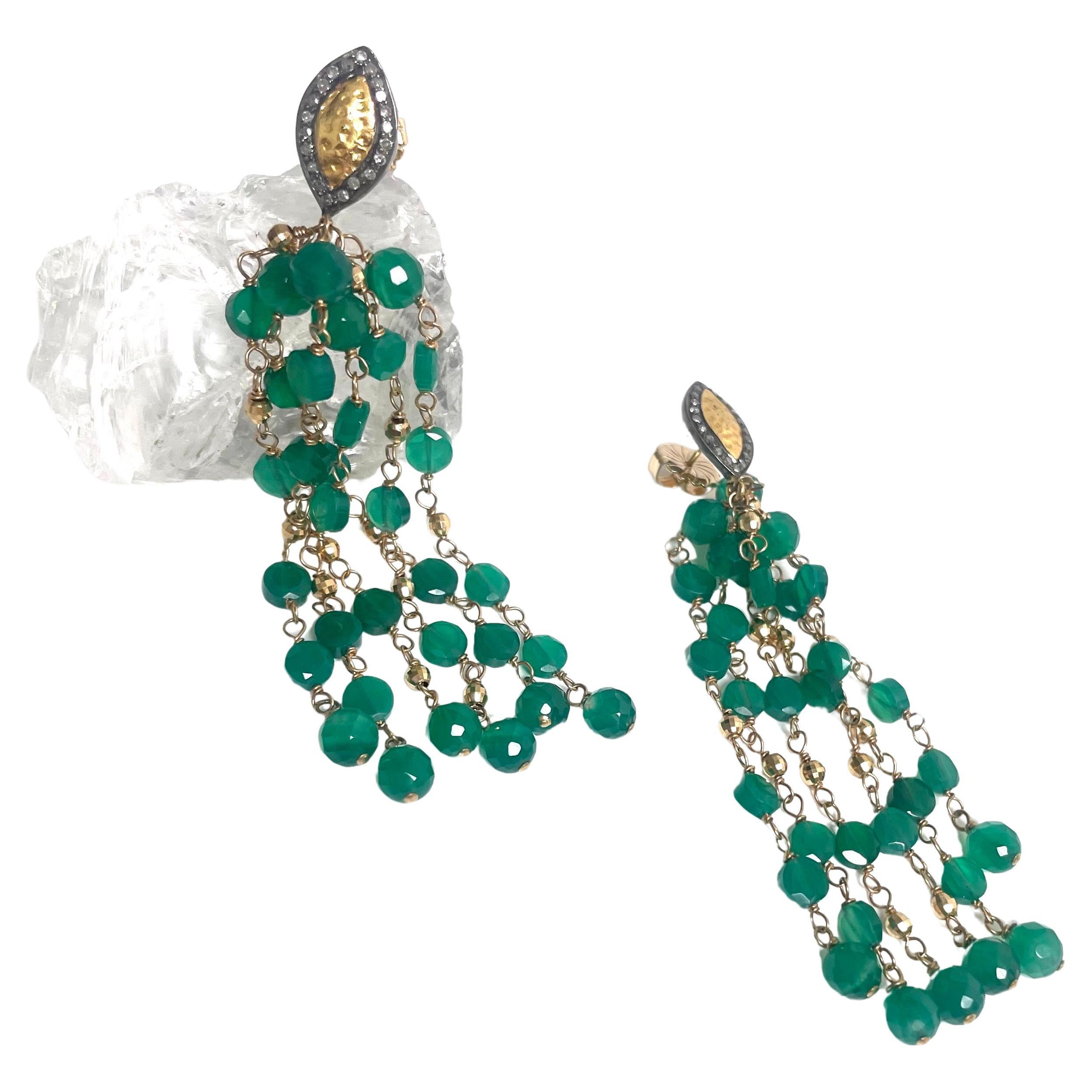 Artisan Green Onyx and Pave Diamonds Paradizia Earrings For Sale