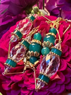Green Onyx and White Faceted Crystal Rondels and 14 Karat Yellow Gold Necklace