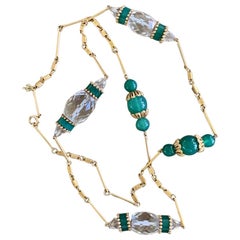 Green Onyx and White Faceted Crystal Rondels and 14 Karat Yellow Gold Necklace
