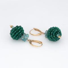 Green Onyx Aquamarine Earrings Vintage 14k Yellow Gold Orb Drops Estate Jewelery