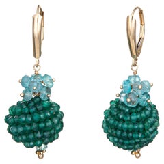 Green Onyx Aquamarine Earrings Vintage 14k Yellow Gold Orb Drops Estate Jewelery