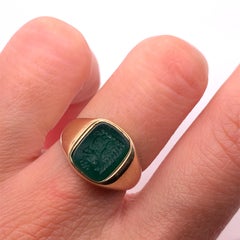 Green onyx art deco chunky signet pinky ring yellow gold