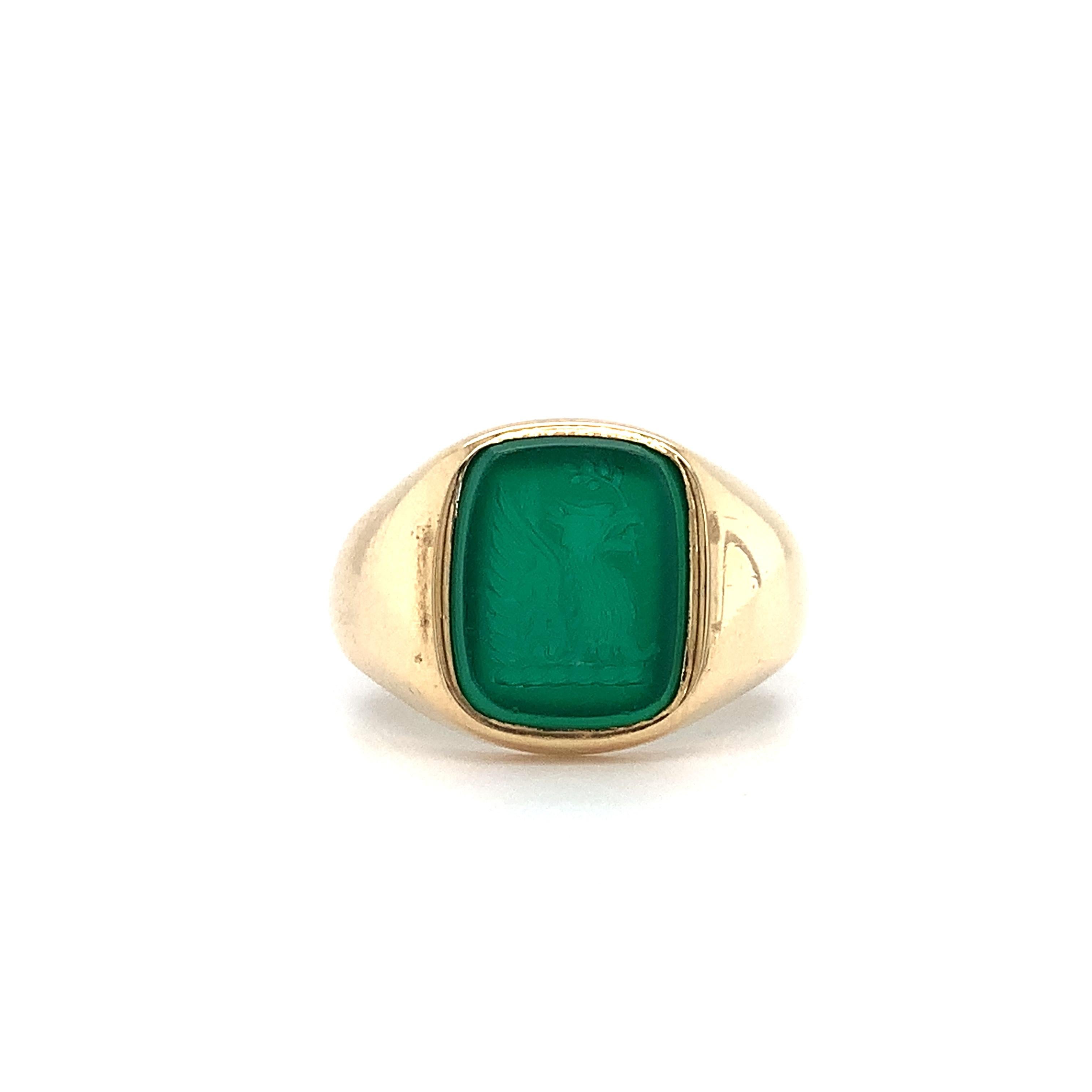 Antique Cushion Cut Green onyx art deco chunky signet pinky ring yellow gold For Sale