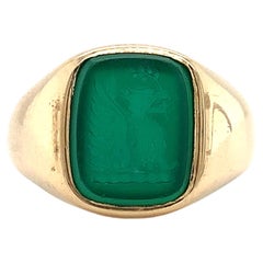 Green onyx art deco chunky signet pinky ring yellow gold