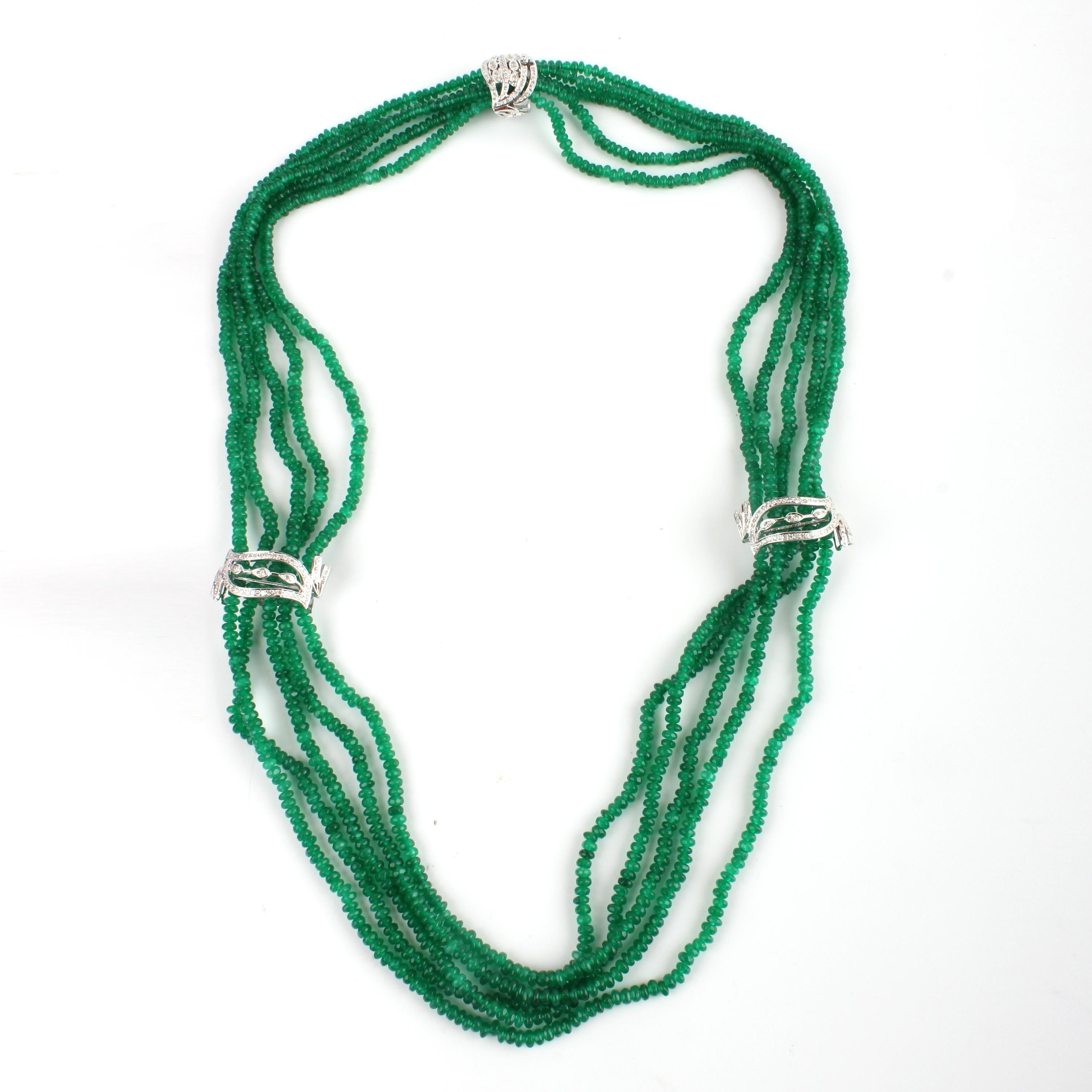 Moderne Pendants d'oreilles en perles d'onyx vert, collier de diamants pavés, bijoux faits main en argent en vente