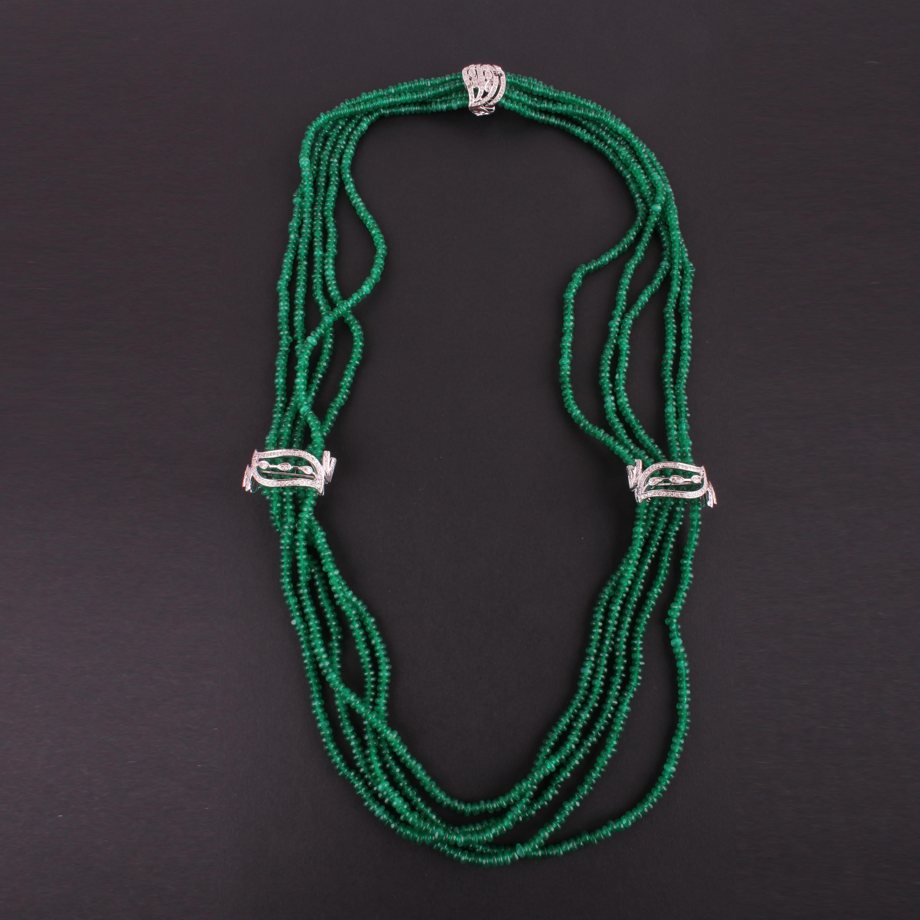 Modern Green Onyx Bead Dangle Earrings Pave Diamond Necklace Silver Handmade Jewelry For Sale