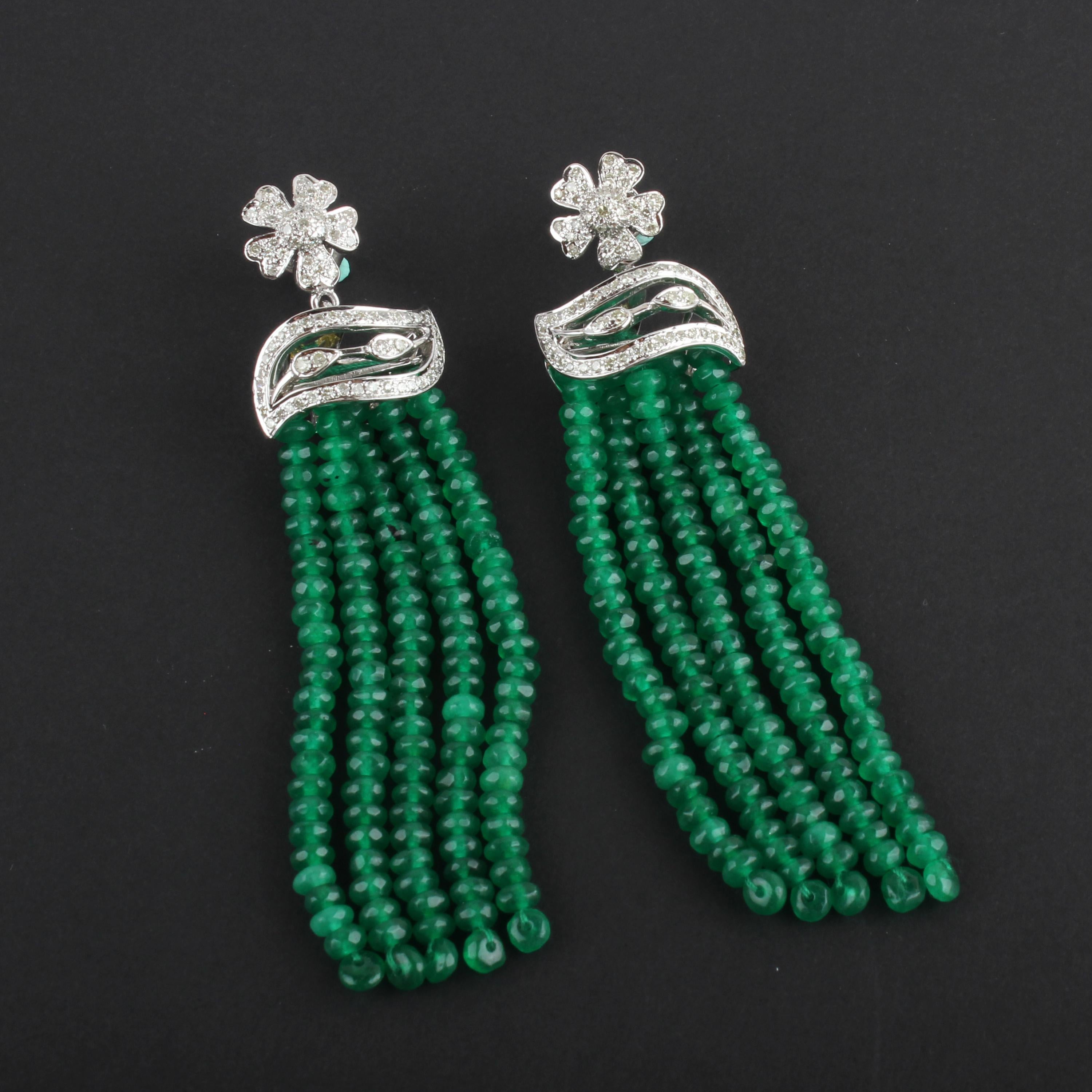 Pendants d'oreilles en perles d'onyx vert, collier de diamants pavés, bijoux faits main en argent Pour femmes en vente