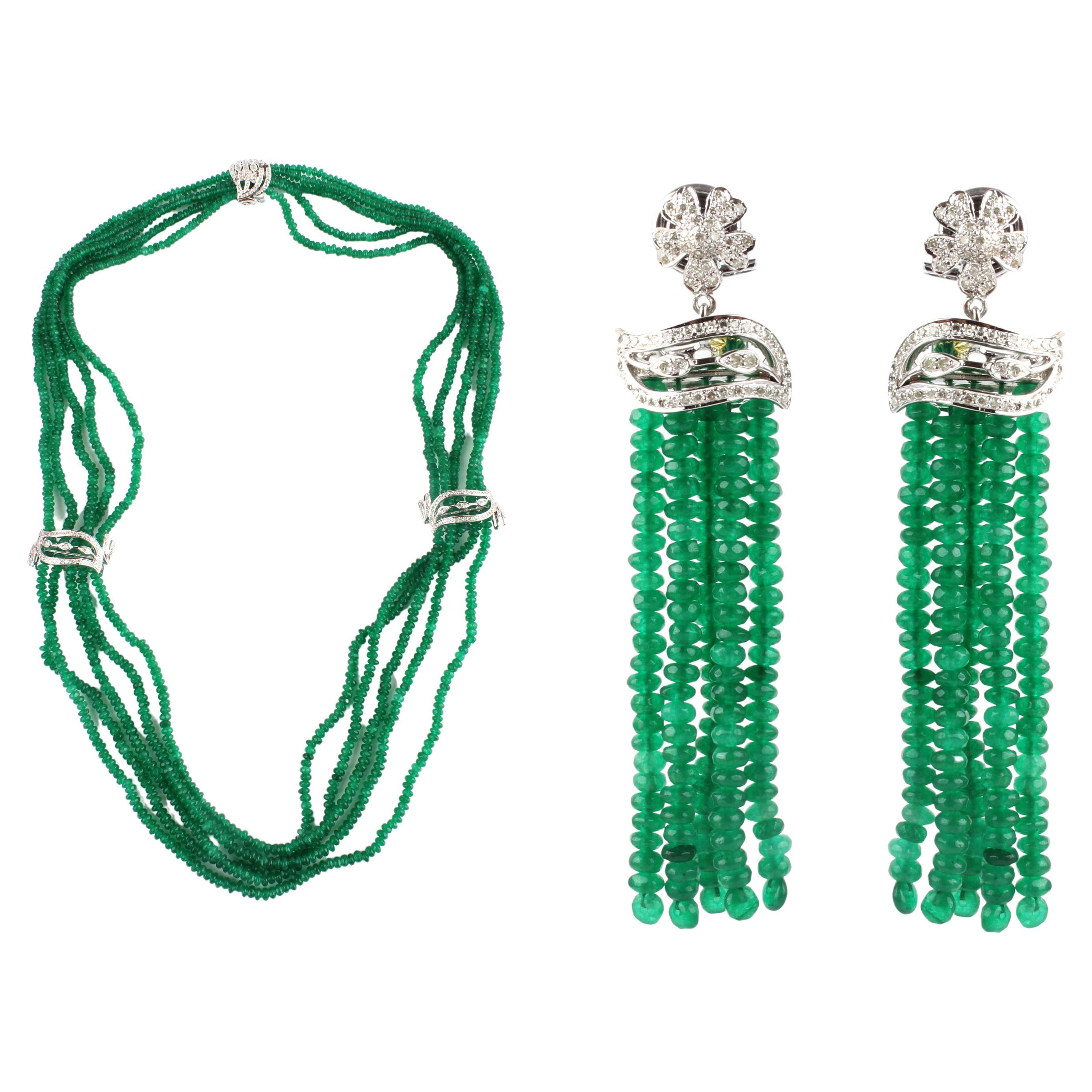 Pendants d'oreilles en perles d'onyx vert, collier de diamants pavés, bijoux faits main en argent