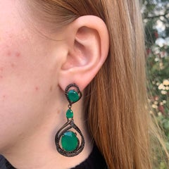 Green Onyx & Black Topaz in Sterling Silver Romantic Dangle Earrings